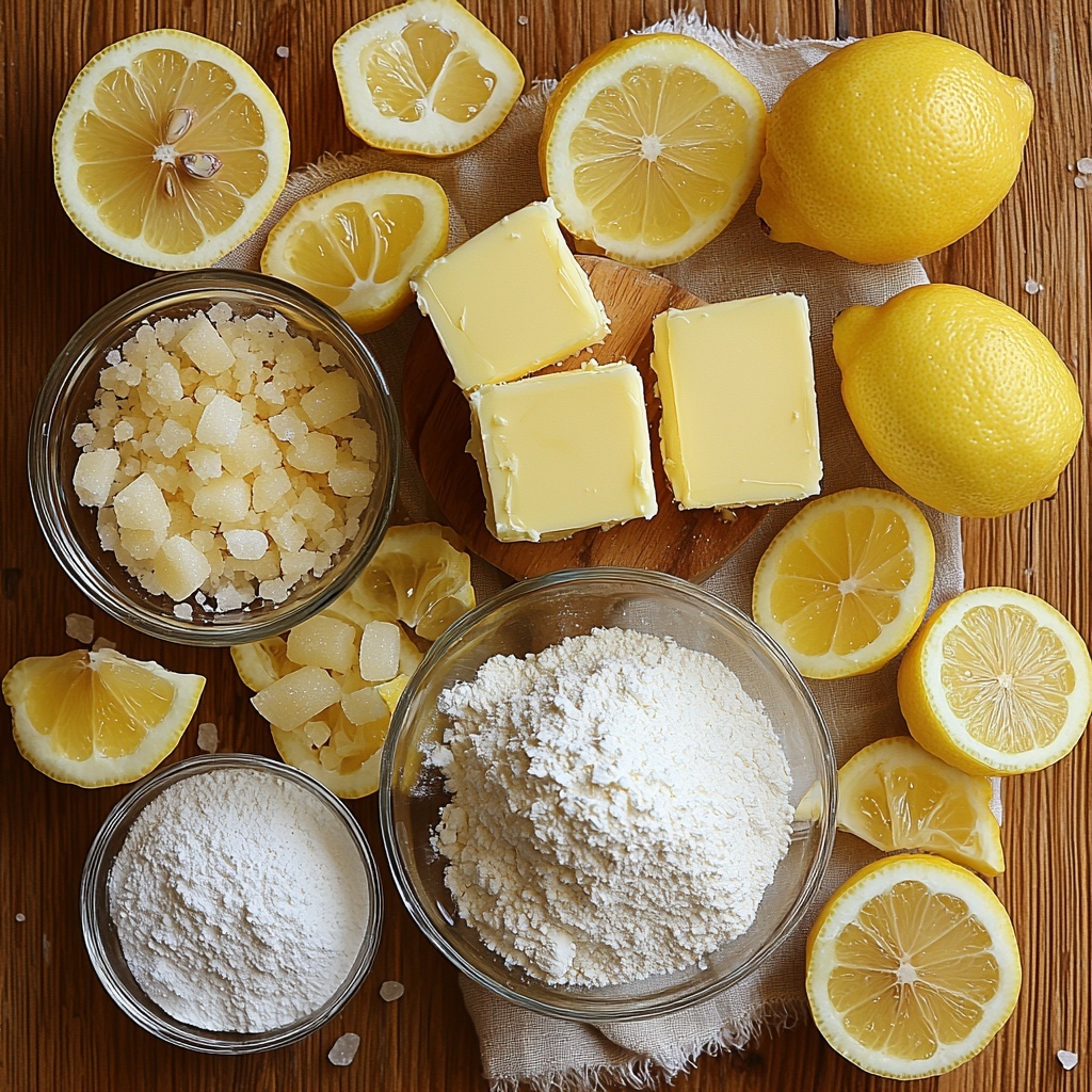 Softened butter (3/4 cup, creamy pale yellow block), granulated sugar (1 1/4 cups, sparkling white crystals) in a small glass bowl, two large brown eggs with smooth shells, bright yellow lemon zest sprinkled loosely on a wooden spoon, fresh lemon halves showing vibrant yellow pulp, a small glass bowl of pale yellow lemon juice, a tiny dish with a light amber lemon extract, sifter with fine white flour (1 1/3 cups) slightly spilling onto the surface, small heap of fine salt crystals, bowl of powdered sugar with its snowy texture, next to a few lemon wedges for garnish. All ingredients carefully arranged on a clean, neutral-toned linen cloth over a light wooden surface, natural soft lighting highlighting the textures and freshness, minimal shadows, delicate clean styling with subtle rustic touches, a fresh and inviting composition. Overhead shot, top down view, flat lay photography, professional food styling --ar 1:1 --q 2 --s 750 --v 6.1