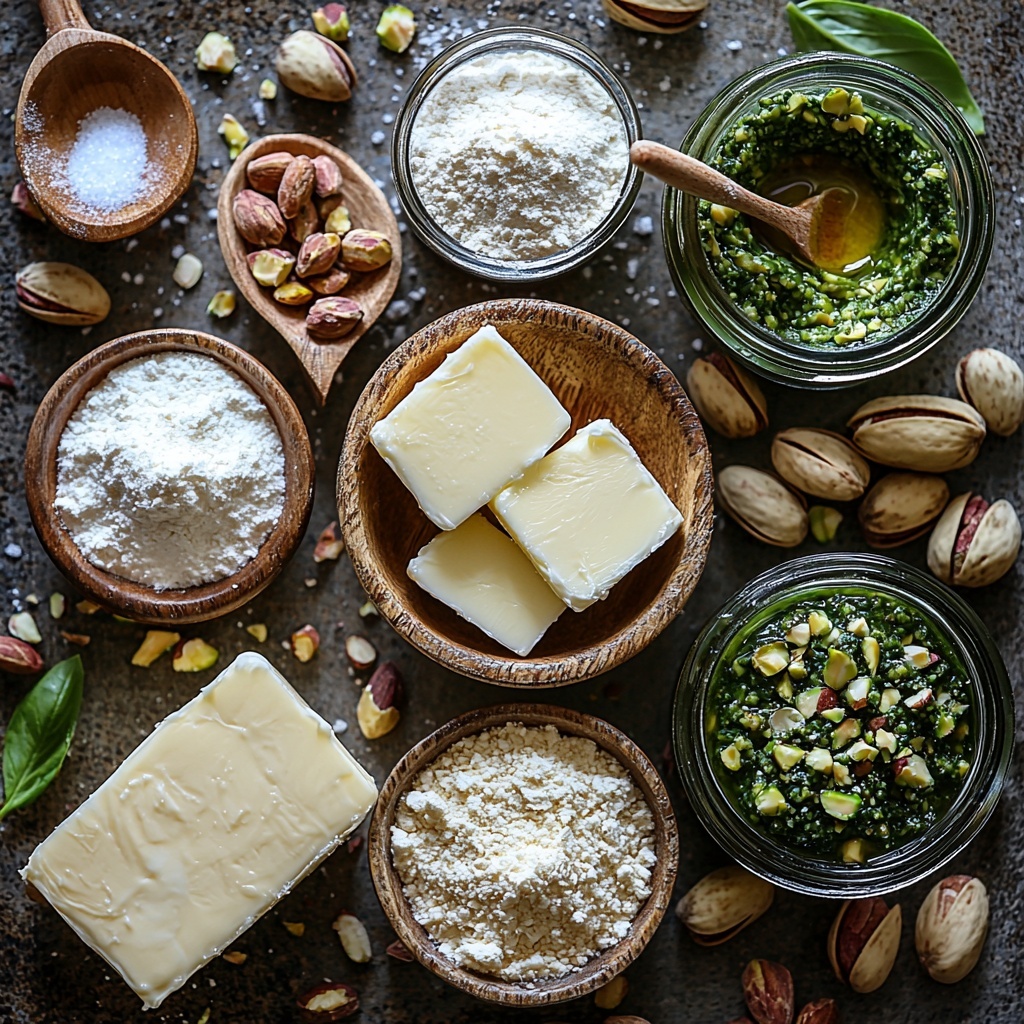 A clean, bright surface with all the main ingredients for pistachio thumbprint cookies carefully arranged for an overhead flat lay. Include a small rustic bowl of all-purpose flour with a dusting of flour scattered nearby, a softened unsalted butter block on a wooden butter knife, a small glass bowl filled with granulated sugar sparkling in the light, and a tiny dish of vanilla extract with a dropper beside it. Add a small bowl of almond flour showing its fine, powdery texture, a pinch of salt on a white ceramic spoon, and a small jar of vibrant green pistachio cream with a spoon resting inside, glossy and smooth. Nearby, display two tablespoons of chopped pistachios spilling slightly out of a miniature ceramic bowl, showcasing their rough, crunchy texture and deep green colors with hints of brown. Arrange the ingredients with natural light casting soft shadows, emphasizing the varied textures and fresh, subtle colors — creamy whites, soft yellows, and vibrant pistachio greens. Include some scattered whole pistachio nuts and a lightly crumpled parchment paper for rustic charm. The composition is neat but inviting, with negative space around each element to highlight their importance. Overhead shot, top down view, flat lay photography, professional food styling --ar 1:1 --q 2 --s 750 --v 6.1