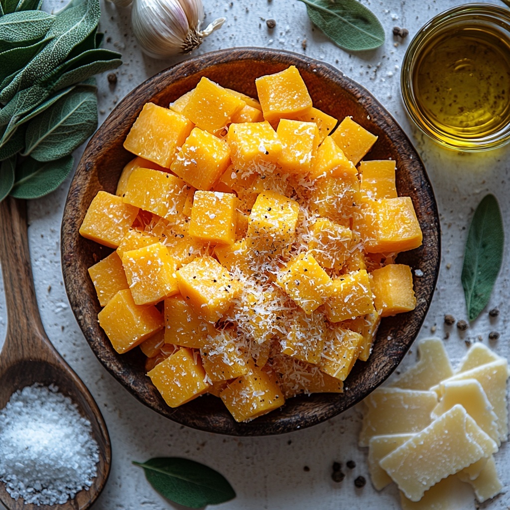 A clean white surface with a neatly arranged flat lay of the main ingredients for creamy butternut squash pasta: vibrant orange butternut squash cubes piled in a small rustic bowl, large chunks of pale yellow onion scattered nearby, two whole unpeeled garlic cloves resting on a wooden spoon, a small glass bowl with golden vegetable oil shimmering under soft light, a small dish containing coarse dried sage leaves and ground nutmeg, another small bowl with sea salt crystals and freshly ground black pepper, a bundle of uncooked pale yellow pasta fettuccine elegantly fanned out, a fresh sprig of green sage leaves carefully placed for a pop of color, a clear measuring cup with amber vegetable stock reflecting light, and a small mound of finely grated Parmesan cheese with a slightly crumbly texture. The ingredients are spaced evenly on the clean surface with natural shadows enhancing textures like the rough squash skin and delicate onion layers. Warm, soft natural lighting highlights the vibrant autumnal colors and creates inviting contrasts. The styling is minimalist but inviting, with subtle rustic, organic elements like a wooden spoon and linen napkin partially visible at the edges to add warmth and authenticity. Overhead shot, top down view, flat lay photography, professional food styling --ar 1:1 --q 2 --s 750 --v 6.1