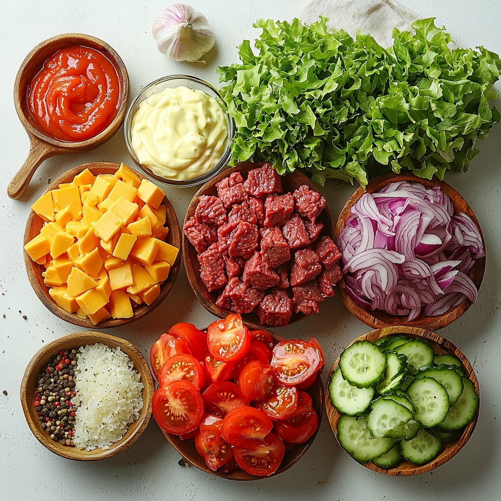 A clean, bright white surface neatly arranged with fresh, colorful ingredients for burger bowls: a raw 1-pound portion of richly marbled ground beef in a small rustic bowl, a half head of crisp bright green leaf lettuce chopped into vibrant, fluffy piles, a small mound of golden-yellow grated cheddar cheese with fine shreds catching the light, four perfectly cooked crispy bacon strips with deep mahogany edges stacked next to each other, a ripe red tomato diced into shiny cubes, thin translucent slices of purple-red red onion fanned out elegantly, two dill pickles sliced into thin, glossy green rounds arranged in a neat line, a small clear glass bowl of creamy pale beige mayonnaise, another bowl with bright red ketchup, a third bowl with vivid yellow mustard, a tiny bowl containing a fiery red sriracha, and a small dish of clear light green pickle juice. Additionally, a small wooden bowl holds an artfully mixed pile of warm-toned spices—paprika, garlic powder, onion powder, Italian seasoning, salt, and black pepper—with subtle shadows adding depth and texture. The ingredients are spaced evenly with a mix of natural and soft diffused lighting that enhances their vibrant colors and fresh textures, styled with minimal props such as a rustic wooden spoon and linen napkin folded casually at the edge. Overhead shot, top down view, flat lay photography, professional food styling --ar 1:1 --q 2 --s 750 --v 6.1