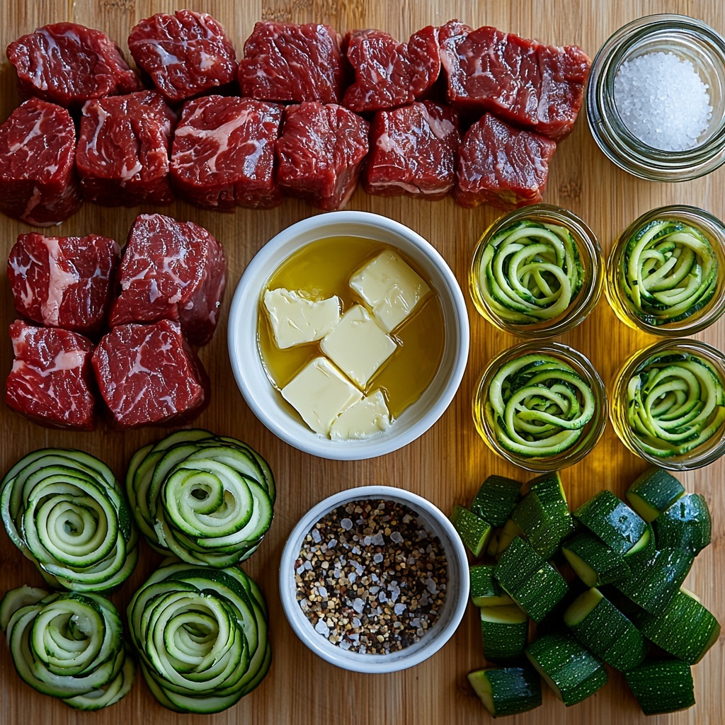 /Imagine prompt: A clean, light wooden surface neatly arranged with the main ingredients for Garlic Butter Steak Bites with Zucchini Noodles. At center, glossy raw sirloin steak pieces showcasing deep red color with marbled fat textures. Nearby, several large fresh zucchinis spiralized into vibrant green, curly noodles with a slightly moist sheen. A small white bowl filled with golden melted butter infused with finely minced garlic cloves—pale yellow butter dotted with tiny garlic pieces. Scattered whole garlic cloves with smooth off-white skins. A small dish of rich, dark soy sauce with reflective surface. A glass jar or small bowl of golden canola oil catching light. A pinch bowl of coarse sea salt crystals next to a tiny heap of finely chopped bright green parsley. The arrangement is balanced and airy, with natural light creating soft shadows and highlighting the fresh, natural colors and varied textures. Overhead shot, top down view, flat lay photography, professional food styling --ar 1:1 --q 2 --s 750 --v 6.1