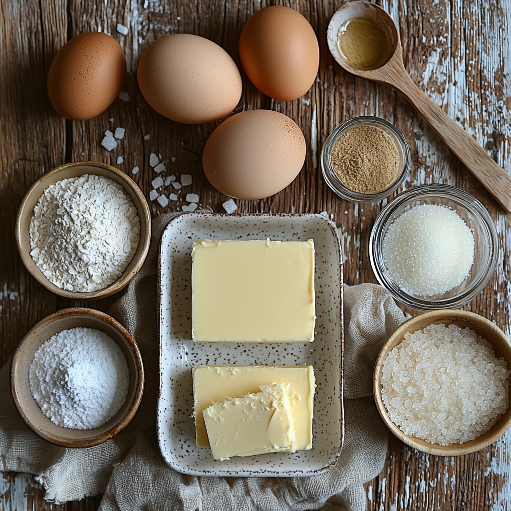 softened unsalted butter in a smooth square slab on a small white ceramic dish, two whole large brown eggs with a smooth matte shell, small glass bowls containing granulated white sugar and packed brown sugar with rich molasses tones, a clear glass bowl filled with fluffy all-purpose flour showing fine powdery texture, a small white ramekin with golden baking soda powder, a tiny ceramic spoon with fine white salt crystals, a small glass pitcher holding amber vanilla extract, a flat white plate with a neat pile of pale golden granulated sugar for topping, all ingredients arranged neatly on a clean, light wooden surface with soft natural light casting gentle shadows, elements spaced evenly for clarity, neutral color palette emphasizing warm browns, creams, and whites, subtle rustic kitchen props like linen napkin and wooden spoon at the edges enhancing cozy baking vibe, overhead shot, top down view, flat lay photography, professional food styling --ar 1:1 --q 2 --s 750 --v 6.1