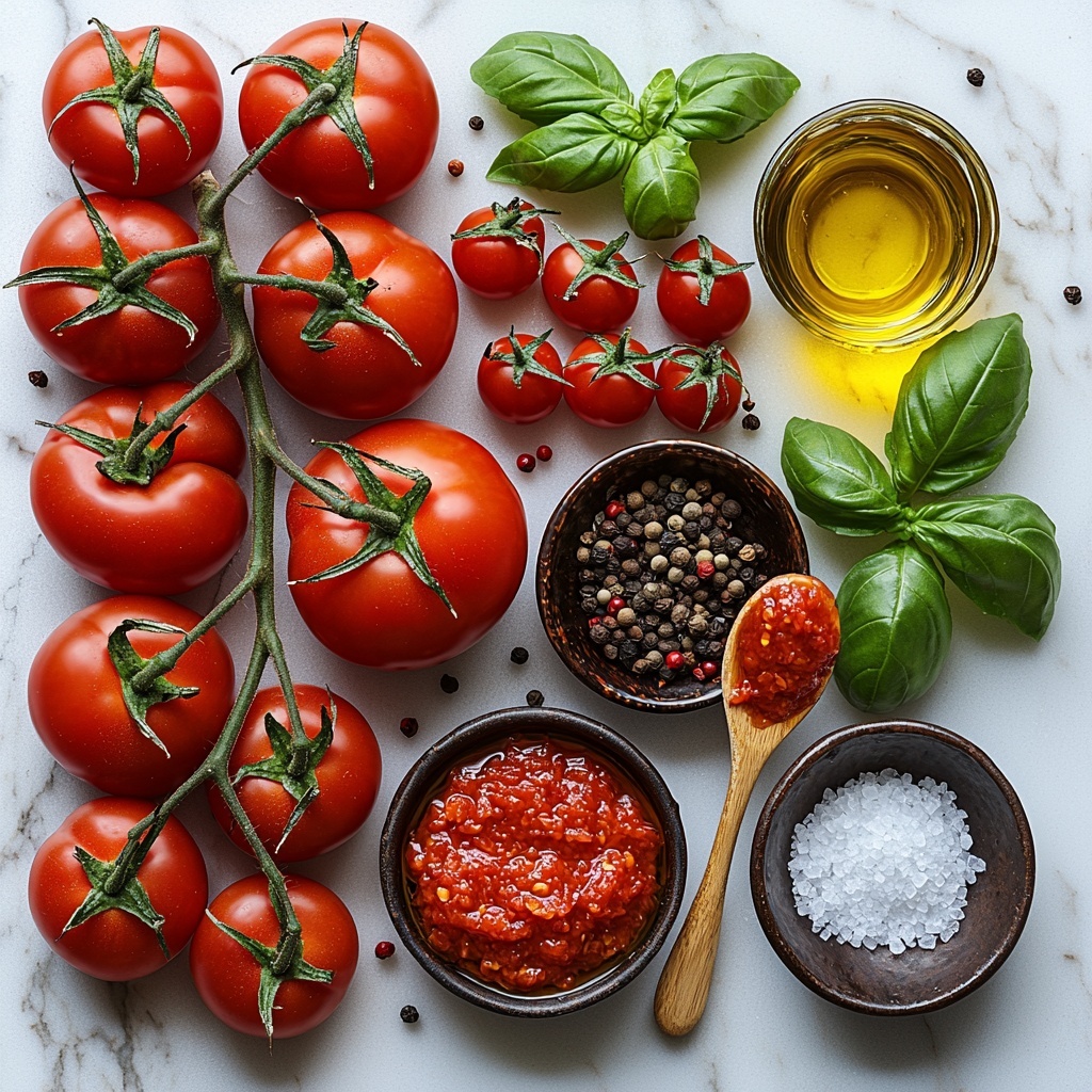 Flat lay photography of fresh tomato sauce ingredients arranged neatly on a clean white marble surface: whole ripe vine tomatoes and plum tomatoes showing rich red hues with smooth, shiny skins grouped on one side; a small glass bowl of golden olive oil catching light; a wooden spoon dolloped with creamy pale garlic paste; a small ceramic bowl with deep red tomato paste; fresh basil sprigs separated into vibrant green leaves and woody stems scattered artfully nearby; a rustic small dish of coarse sea salt crystals; a tiny heap of cracked black peppercorns and another of crushed red pepper flakes adding contrast; a compact mound of moist light brown sugar with a slightly sticky texture; all ingredients spaced evenly with soft natural lighting highlighting the vivid colors and varied textures, shadows gentle and diffuse, styled with minimal props such as a linen napkin edge and elegant glass bowls to enhance freshness and simplicity, overhead shot, top down view, flat lay photography, professional food styling --ar 1:1 --q 2 --s 750 --v 6.1