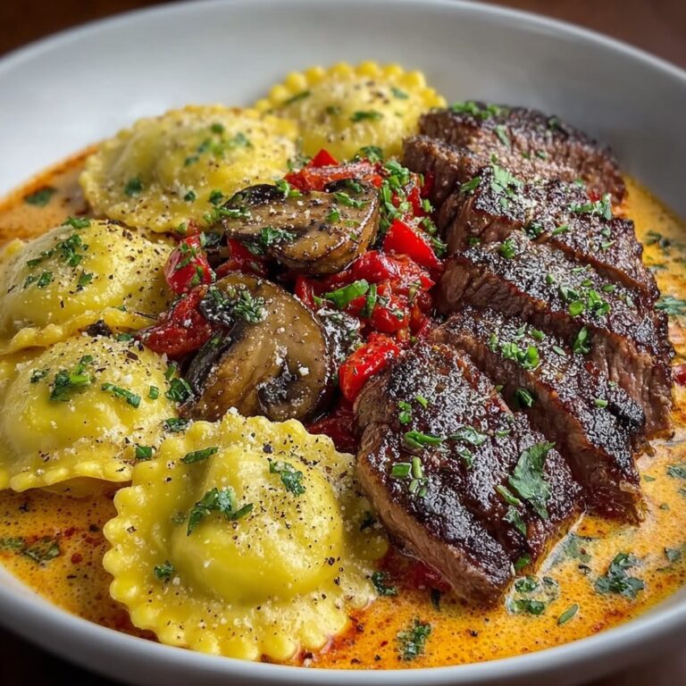 Creamy Tomato Mushroom Ravioli with Seared Steak Recipe