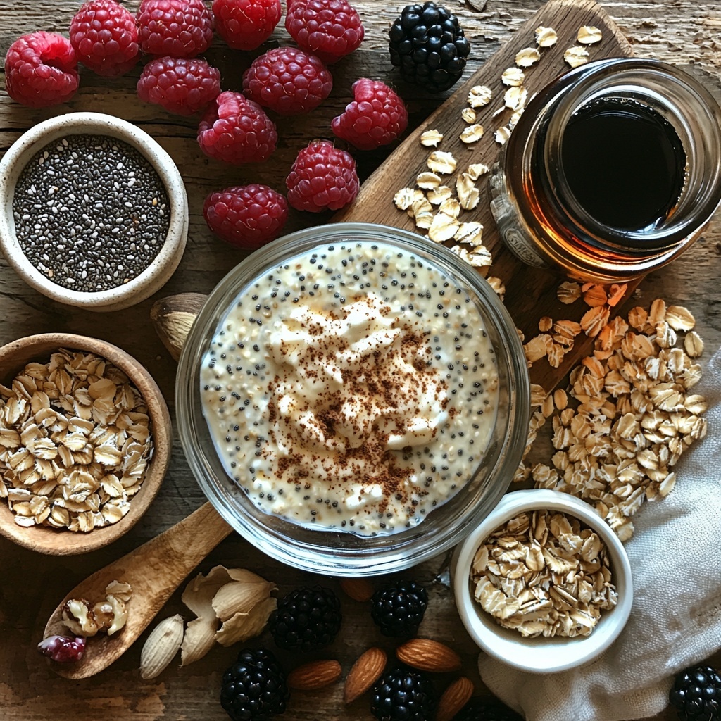 Steel cut oats in a small clear glass bowl showing their coarse, golden texture; a wooden spoon resting beside it with chia seeds spilling slightly to reveal tiny black and white specks; a small ceramic dish with warm brown ground cinnamon powder; a tiny pinch of salt in a delicate white porcelain spoon; a clear glass jug filled with creamy almond milk, slightly translucent; a small amber glass bottle of vanilla extract with a rustic label; frozen raspberries scattered loosely on the surface, vibrant deep red with frost crystals visible; a rustic wooden board holding a dollop of smooth nut butter, a small bowl of thick plain Greek yogurt topped with a drizzle of golden maple syrup, and a scattering of mixed seeds and nuts offering earthy tones and varied textures; fresh berries and a few sprigs of mint adding pops of natural green and red; all ingredients arranged neatly on a clean, light-colored wooden surface with soft natural lighting creating gentle shadows and highlighting the rich colors and textures; minimalistic white linen napkin partially visible for cozy styling; overhead shot, top down view, flat lay photography, professional food styling --ar 1:1 --q 2 --s 750 --v 6.1