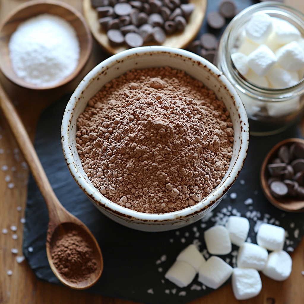 powdered sugar in a small white ceramic bowl with a fine dusting around it, unsweetened cocoa powder in a rustic wooden scoop showing its deep brown color and velvety texture, powdered milk piled gently on a natural linen cloth with soft white tones, a teaspoon of cornstarch on a tiny porcelain dish with a smooth matte finish, a small heap of fine salt crystals glistening subtly on a dark slate slab, mini chocolate chips scattered artfully in a small glass jar revealing glossy dark brown morsels, fluffy white mini marshmallows spilling slightly from a clear bowl creating soft texture contrast, a small wooden spoon holding ground cinnamon (warm reddish-brown powder) and another with vanilla powder (fine off-white dust), crushed peppermint candies with vibrant red and white shards adding a festive pop of color arranged loosely on crumpled parchment paper; all ingredients carefully spaced on a clean light wood surface, natural soft daylight highlighting textures and colors, a few vintage kitchen tools placed subtly in the frame to add warmth and authenticity, overhead shot, top down view, flat lay photography, professional food styling --ar 1:1 --q 2 --s 750 --v 6.1