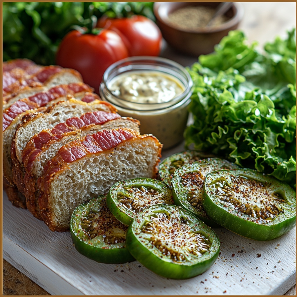 /Imagine prompt: A clean, rustic white wooden surface neatly arranged with all main ingredients for a crunchy fried green tomato BLT sandwich. Thick-cut crispy bacon strips with a rich reddish-brown color are stacked beside three fresh, vibrant green tomatoes sliced evenly into 1/4 inch rounds, showing their glossy, firm texture. Next to these, small bowls hold golden yellow cornmeal, smooth white all-purpose flour, and a spice mix combining specks of black pepper, cayenne red, warm paprika, and Cajun seasoning, highlighting earthy tones. A shallow bowl contains a creamy pale egg wash of milk and egg. Nearby, a small jar of creamy, pale yellow remoulade sauce flecked with hints of paprika and mustard seeds, with a spoon resting in it. Fresh, crisp green lettuce leaves are fanned out, displaying their veined texture and vibrant hue. Slices of toasted white bread with perfect golden crusts are stacked neatly. The composition is minimal yet artfully balanced, with natural daylight enhancing the contrasting colors and varied textures—glossy, crispy, powdery, and creamy. Subtle shadows add depth without clutter. Overhead shot, top down view, flat lay photography, professional food styling --ar 1:1 --q 2 --s 750 --v 6.1