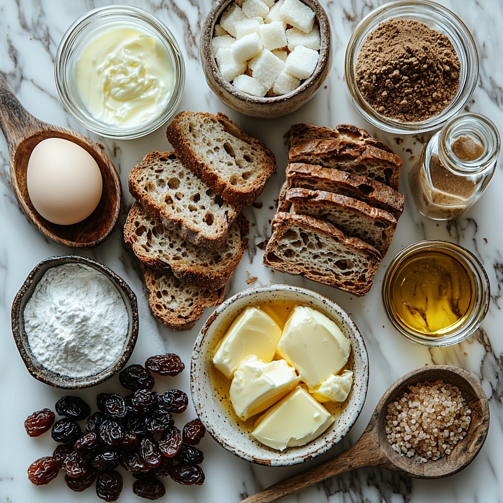 stale bread slices broken into large pieces arranged neatly on a clean white marble surface, small vintage bowl of golden melted butter with soft sheen nearby, three whole beaten eggs in a clear glass bowl showing smooth pale yellow texture, white ceramic cup filled with creamy white milk, small glass jar of fine white sugar with tiny crystals catching light, petite glass bottle with vanilla extract dark amber liquid next to a small heap of light brown ground cinnamon powder, handful of glossy, dark raisins casually scattered, small rustic ceramic bowl holding soft salted butter chunks, wooden spoon resting on a mound of rich brown sugar crystals, additional small glass jug with creamy off-white milk or heavy cream, all items spaced evenly with natural soft diffused daylight casting gentle shadows, neutral background enhancing warm tones, minimalistic yet inviting food styling emphasizing texture contrasts and warm, cozy color palette — overhead shot, top down view, flat lay photography, professional food styling --ar 1:1 --q 2 --s 750 --v 6.1