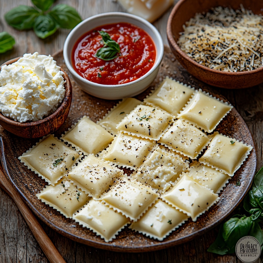 Twelve fresh cheese ravioli with smooth, pale yellow pasta sheets arranged neatly in a small cluster; a rustic ceramic bowl filled with vibrant red marinara sauce speckled with dried Italian herbs; a small white ramekin holding creamy, white ricotta cheese with a soft, fluffy texture; a scattering of shredded whole milk mozzarella cheese with delicate, stringy curls in off-white tones; a small mound of finely grated Parmesan cheese with a crumbly, granular texture and warm ivory color; a small wooden spoon resting beside the cheeses; all ingredients thoughtfully spaced on a clean, light wooden surface with natural soft daylight highlighting the varied textures and rich colors, subtle shadows adding depth, styled with minimal fresh basil leaves and a hint of rustic kitchen linen for warmth. Overhead shot, top down view, flat lay photography, professional food styling --ar 1:1 --q 2 --s 750 --v 6.1