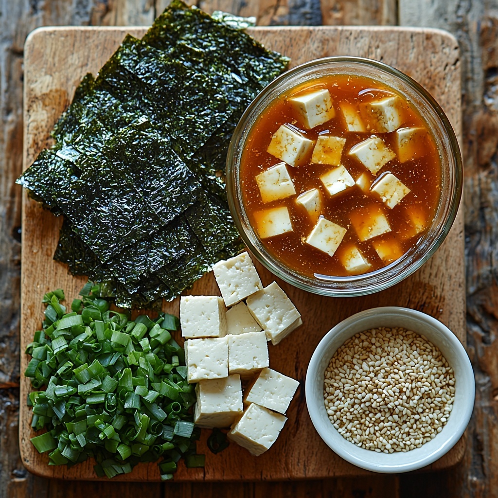 4 cups boiling water in a clear glass measuring cup with steam rising, a small bowl with smooth, rich reddish-brown miso paste, a piece of dark green kombu seaweed rolled beside it, a small pile of finely chopped bright green onion scattered neatly on a white ceramic dish, soft white tofu cubes arranged in a neat cluster on a rustic wooden board, thinly sliced dark green nori seaweed strips laid out in a delicate fan shape on parchment paper, a small white bowl of toasted white sesame seeds with a subtle golden sheen, all ingredients carefully spaced on a clean white marble surface with natural diffused light casting soft shadows, minimalistic props, subtle texture contrasts, harmonious color palette emphasizing natural earthy tones, fresh and inviting atmosphere – overhead shot, top down view, flat lay photography, professional food styling --ar 1:1 --q 2 --s 750 --v 6.1