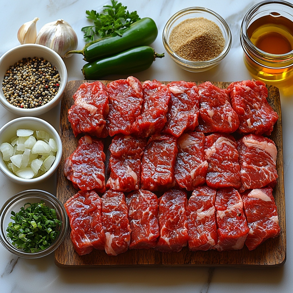 Beef top sirloin steak cut into thin 2-inch slices with rich red and marbled texture, small bowls of kosher salt and black pepper with fine granules, a clear glass measuring cup filled halfway with dark soy sauce, a smaller glass bowl with water, a rustic wooden bowl holding light beige cornstarch powder, a small white dish of golden brown packed brown sugar, a delicate glass container with pale amber rice wine vinegar, a small heap of ground ginger powder in soft yellow tones, deep green glossy vegetable oil in a tiny glass jug, thinly sliced translucent white onion rings, minced garlic cloves with creamy off-white color on a small ceramic plate, vibrant green and red bell pepper strips showing fresh, crisp texture and bright colors, all carefully arranged on a pristine white matte surface with natural daylight softly illuminating from one side to enhance the colors and textures, minimal shadows, subtle hints of fresh herbs nearby for added warmth, overhead shot, top down view, flat lay photography, professional food styling --ar 1:1 --q 2 --s 750 --v 6.1