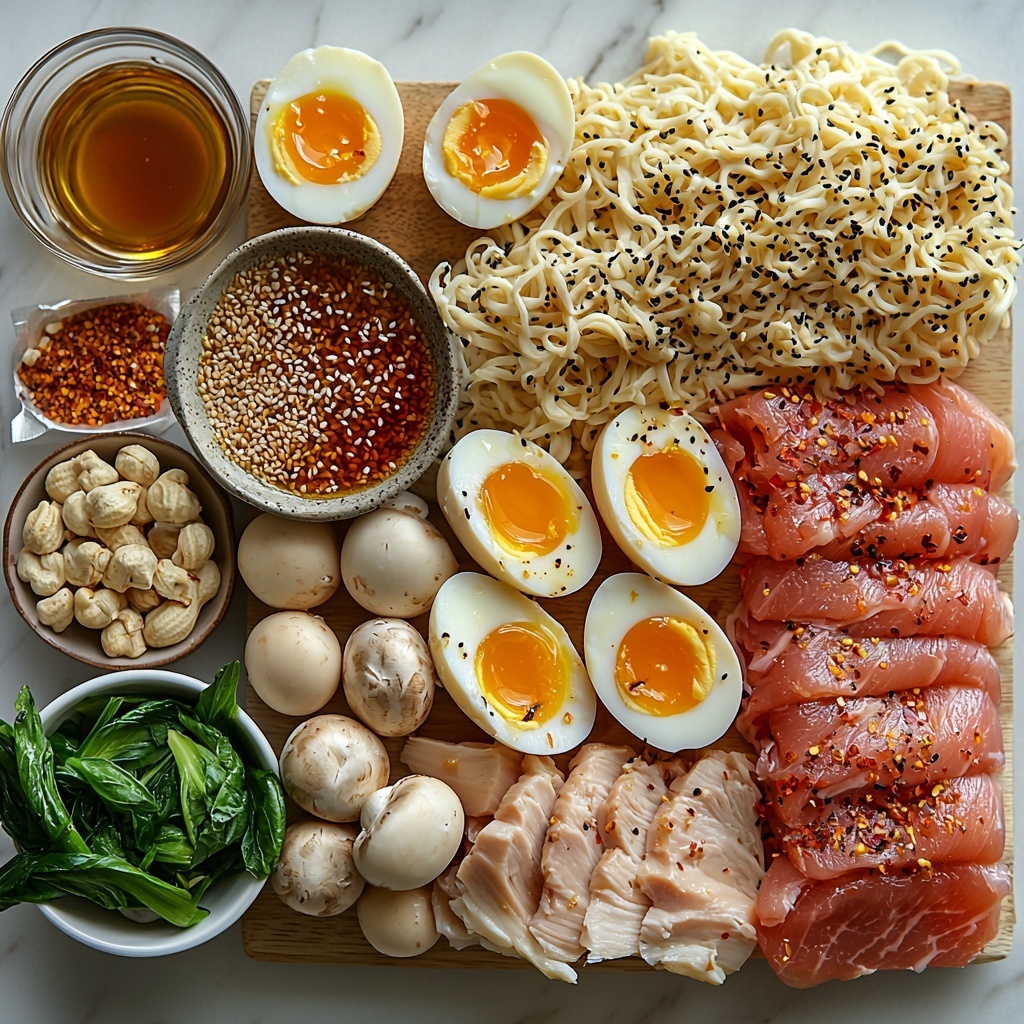 a vibrant flat lay of homemade ramen ingredients arranged neatly on a clean white marble surface: sliced baby bella mushrooms with rich brown and creamy beige tones on a small ceramic dish, a golden pat of butter beside a small pool of olive oil in a clear glass container, thinly sliced raw chicken breast with delicate pink hues on a wooden board, three peeled garlic cloves minced in a small white bowl, a small clear glass of dry white wine with pale yellow glint, a rustic white bowl filled with deep brown soy sauce, tiny piles of golden honey and fiery red hot sauce in ceramic spoons, a small dish with glossy toasted sesame oil, two neatly wrapped packets of instant ramen noodles showing their pale yellow strands, bright green roughly chopped bok choy leaves scattered softly, and a trio of soft boiled eggs halved to reveal vibrant orange yolks, sprinkled with red pepper flakes and white pepper powder in little mounds, fresh green onions finely chopped and placed beside rough chopped honey roasted peanuts, all elements spaced with breathing room, showcasing a harmonious mix of earthy, warm, and fresh colors and textures. Natural soft daylight casts gentle shadows, emphasizing the contrast and freshness of ingredients. Overhead shot, top down view, flat lay photography, professional food styling --ar 1:1 --q 2 --s 750 --v 6.1