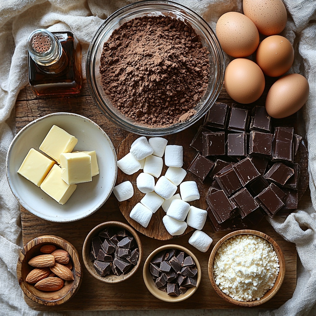 unsalted butter half cup in a small glass bowl, granulated sugar one cup and brown sugar quarter cup in rustic ceramic bowls, two large brown eggs resting on a linen cloth, a small glass bottle of vanilla extract with a cork stopper, three quarters cup all-purpose flour in a white porcelain bowl with a fine layer of sifted flour dust around, half cup dark brown unsweetened cocoa powder neatly mounded on a white plate, quarter teaspoon salt in a tiny clear glass container, three quarters cup semi-sweet chocolate chunks scattered loosely on a textured wooden board, one cup fluffy white mini marshmallows heaped beside the chocolate chunks, half cup chopped almonds with visible texture in a small natural wood bowl, all ingredients carefully spaced out on a clean matte white surface with soft natural light highlighting varied textures and warm tones, subtle shadows adding depth, minimal props emphasizing ingredient freshness and rustic simplicity, overhead shot, top down view, flat lay photography, professional food styling --ar 1:1 --q 2 --s 750 --v 6.1