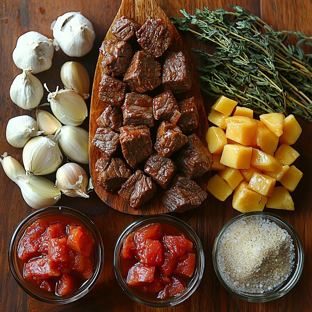 steaming beef chunks cut into 1/2 to 1 inch pieces, large diced yellow onion with bright golden hues, peeled garlic cloves minced finely, deep red dry red wine in a small glass, thick vibrant red tomato paste dollop on a rustic spoon, rich warm-toned Hungarian paprika powder scattered gently in small wooden bowls, dried marjoram leaves loosely arranged nearby, coarse grains of salt and freshly ground black pepper scattered artfully, dark brown beef broth in a clear measuring cup showing its glossy surface, single fresh bay leaf with smooth texture placed delicately, small glass bowl with translucent cornstarch mixture displayed with slight reflection, all ingredients meticulously spaced on a clean light wooden surface with soft natural daylight casting gentle shadows, subtle rustic kitchen props with linen napkin edges visible for warmth and cozy atmosphere, colors rich and inviting with strong contrasts highlighting textures and freshness of each component, careful composition emphasizing harmony and balance of shapes and tones, overhead shot, top down view, flat lay photography, professional food styling --ar 1:1 --q 2 --s 750 --v 6.1