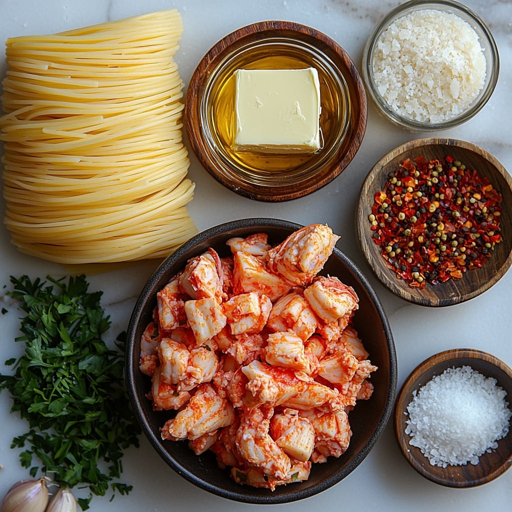 A clean white marble surface with a neatly arranged flat lay of the main ingredients for Lobster Bucatini: a bundle of uncooked golden yellow bucatini pasta coiled delicately, a small rustic bowl filled with bright red cooked lobster meat chunks, a pat of creamy unsalted butter on a small wooden dish, a glass container of rich golden olive oil, a few whole garlic cloves and some finely minced garlic scattered on a white ceramic spoon, a small wooden bowl with vibrant red pepper flakes, a clear glass measuring cup holding pale straw-colored non-alcoholic white wine, a small glass bowl with translucent reserved pasta water, a pinch bowl with coarse sea salt and sprinkles of black pepper, a handful of freshly chopped bright green parsley, and thin, irregular shavings of ivory Parmesan cheese fanned out on a matte black plate. The ingredients are spaced evenly with a mix of natural textures — smooth glass, rustic wood, polished marble, and fresh herbs — creating an inviting, vibrant composition. Soft natural lighting casts gentle shadows enhancing the colors and details, styled with minimal props to keep focus on the fresh ingredients. Overhead shot, top down view, flat lay photography, professional food styling --ar 1:1 --q 2 --s 750 --v 6.1