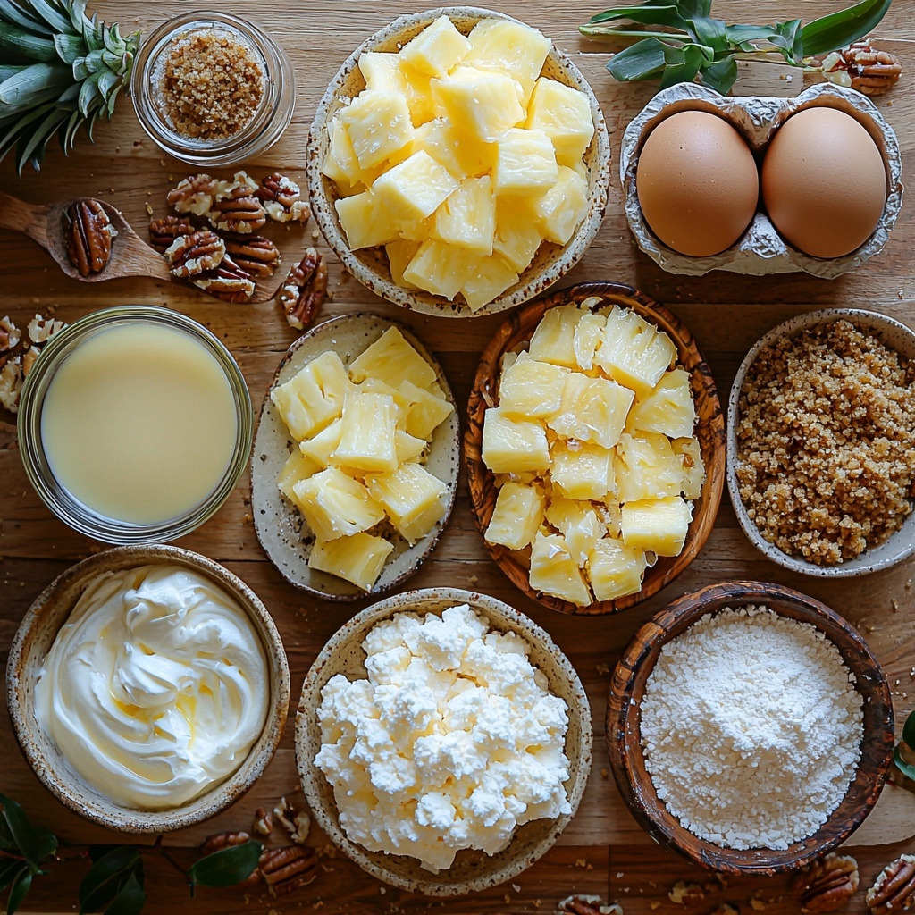 A clean, light wooden surface styled with all the main ingredients for Pineapple Upside-Down Cheesecake arranged neatly in a balanced flat lay composition. Small glass bowls hold golden graham cracker crumbs and granulated sugar, showcasing their grainy textures. A small dish contains melted golden butter with a glossy sheen. A block of soft, creamy white cream cheese sits unwrapped, with vintage spoons resting nearby. A cluster of large brown eggs adds warmth to the scene. A bowl of velvety sour cream contrasts with a small glass jar of clear vanilla extract. Juicy yellow crushed pineapple fills a rustic ceramic bowl, matched by bright yellow pineapple chunks on a small plate, their moist texture highlighted. A small bowl of chopped pecans displays deep brown, crunchy textures. A delicate drizzle of melted white chocolate is captured in a small white ramekin, glossy and smooth. Wooden and ceramic containers provide natural, warm tones, accented by fresh green pineapple leaves placed casually to add contrast. Soft natural light casts gentle shadows, enhancing textures and colors, with some scattered crumbs and pecan pieces artfully placed for authenticity. overhead shot, top down view, flat lay photography, professional food styling --ar 1:1 --q 2 --s 750 --v 6.1