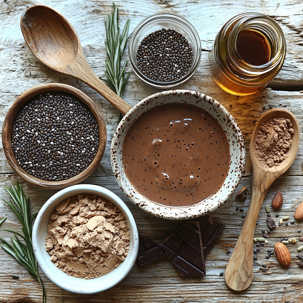 /Imagine prompt: A beautifully arranged flat lay of main ingredients for high-protein chocolate peanut butter chia seed pudding on a clean, light-colored wooden surface. Included are a small glass bowl of glossy, rich dark brown unsweetened cocoa powder, a ceramic jug with creamy off-white unsweetened non-dairy milk (soy, oat, or almond), a rustic jar of smooth, golden natural peanut butter with a wooden spoon resting inside, a neat mound of tiny, glossy black chia seeds displayed in a shallow white dish, a small glass bowl of rich amber maple syrup glistening under soft light, a clear glass bottle with vanilla extract showing its warm golden hue, and a scoop of fine, dark chocolate protein powder in a petite measuring scoop. Ingredients are spaced evenly with natural shadows, showcasing varied textures from powdery to creamy to glossy liquids. Styling includes soft natural daylight, gentle highlights on moist and velvety surfaces, minimalistic modern crockery and rustic wooden utensils, subtle greenery peeking from the corner for freshness. The composition emphasizes contrast of dark cocoa and chia seeds against light milk and maple syrup, evoking a healthy, wholesome vibe. Overhead shot, top down view, flat lay photography, professional food styling --ar 1:1 --q 2 --s 750 --v 6.1