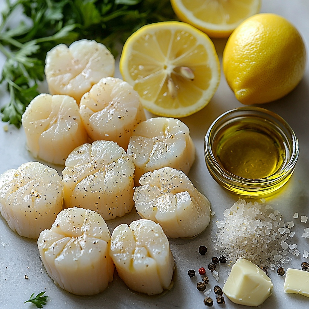 Sea scallops arranged in a neat cluster, their smooth, pale ivory shells glistening slightly; a small pat of creamy unsalted butter melting softly beside them on a clean white surface. Nearby, a small glass bowl filled with golden olive oil reflecting light, and a few cloves of garlic, peeled and minced, showcasing their translucent texture. Fresh lemon wedges with bright, vibrant yellow flesh and a half lemon with visible juicy pulp placed artfully. A small heap of finely chopped fresh parsley leaves adds a pop of deep green color. Scattered coarse sea salt crystals and freshly cracked black peppercorns lend texture and contrast. All ingredients spaced evenly with natural shadows, styled on a minimalistic light background to highlight colors and textures, evoking freshness and simple elegance. overhead shot, top down view, flat lay photography, professional food styling --ar 1:1 --q 2 --s 750 --v 6.1