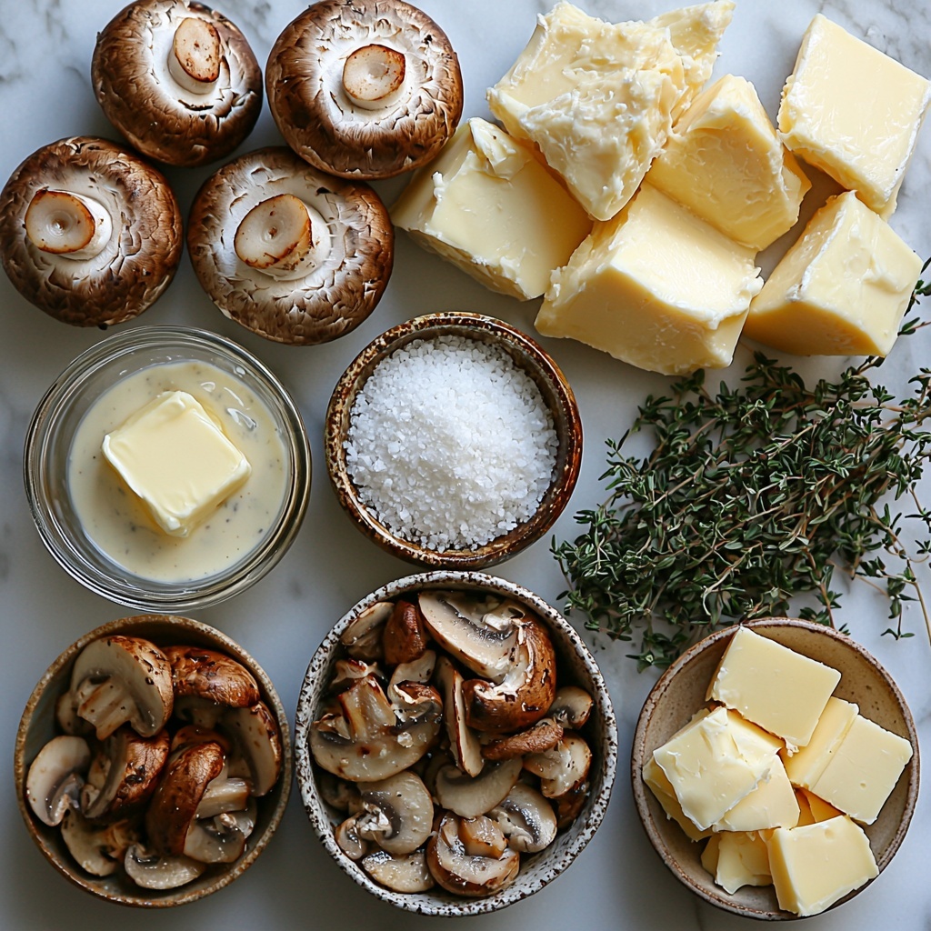 Mixed cremini and shiitake mushrooms chopped into rustic pieces, a small pat of creamy golden butter, two whole peeled garlic cloves beside a small bowl of finely minced garlic, a glass measuring cup with thick white heavy cream, a small bowl of translucent vegetable broth, fresh green thyme sprigs and chopped leaves scattered naturally, coarse salt crystals and black peppercorns in tiny dishes, a mound of grated pale yellow Gruyère cheese with a slightly crumbly texture, a neatly folded sheet of golden, flaky puff pastry resting on a lightly floured surface. All ingredients are arranged artfully on a clean white marble surface to highlight natural color contrasts and textures, with soft natural light casting gentle shadows to emphasize freshness and detail. Some wooden kitchen utensils and a linen napkin placed casually nearby add warmth and rustic charm. overhead shot, top down view, flat lay photography, professional food styling --ar 1:1 --q 2 --s 750 --v 6.1