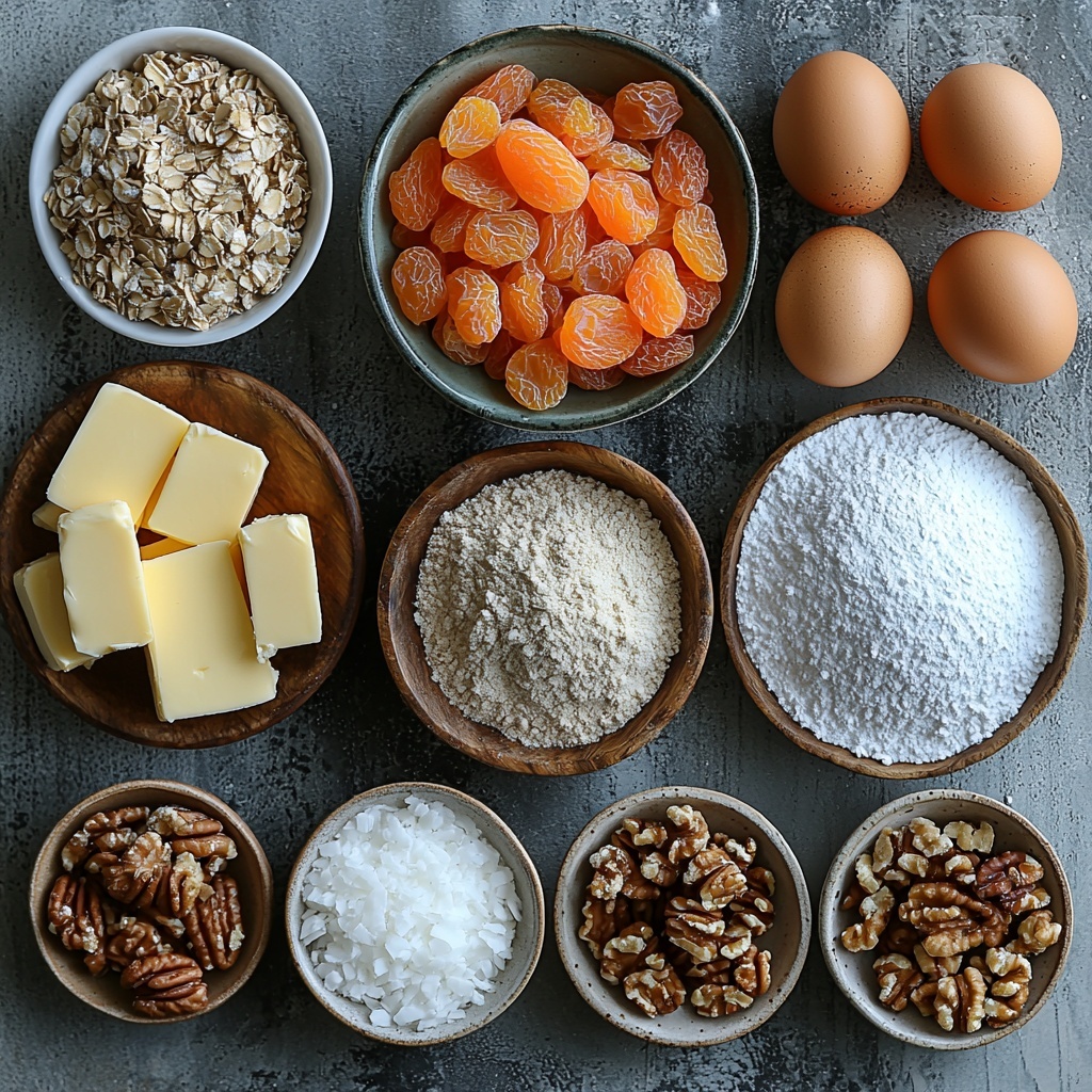 ½ cup softened butter, ¼ cup granulated sugar in a small glass bowl, 1⅓ cups all-purpose flour in a rustic ceramic bowl divided with 1 cup and ⅓ cup portions, ⅔ cup chopped dried apricots with rich orange hues scattered slightly, 2 large brown eggs with smooth shells placed side by side, 1 cup packed brown sugar in a wooden scoop showing its moist texture, ½ teaspoon baking powder and ¼ teaspoon salt in tiny white porcelain spoons, ½ teaspoon pure vanilla extract in a small glass bottle with a golden amber color, ½ cup chopped walnuts showing their rough, textured surfaces, ½ cup sweetened flaked coconut piled loosely on a white plate, 1 cup powdered sugar lightly dusted off to the side on a matte white ceramic plate; ingredients arranged neatly on a clean, bright neutral surface with soft natural light highlighting various textures — the shiny smoothness of butter, the powdery softness of flour and sugar, rustic textures of walnuts and apricots, and warm earthy tones of vanilla and brown sugar — styled with minimal props for a fresh, inviting look; subtle shadows add depth and dimension overhead shot, top down view, flat lay photography, professional food styling --ar 1:1 --q 2 --s 750 --v 6.1