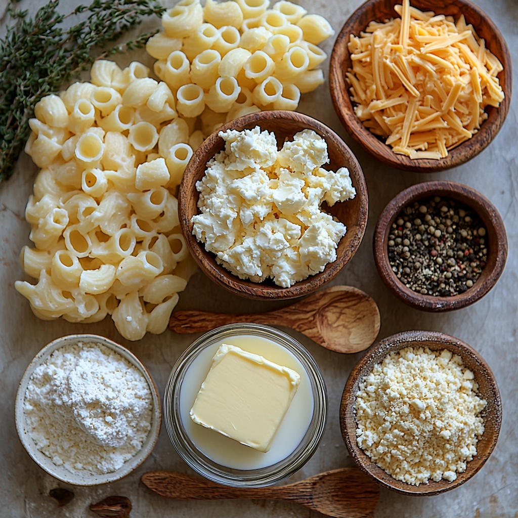 2 cups uncooked elbow macaroni in a small clear glass bowl, bright pale yellow pasta with smooth curved texture; 2 tablespoons unsalted butter, a small rustic wooden dish holding a soft, pale yellow butter pat; 2 tablespoons all-purpose flour, a neat mound of fine white powder on a simple white ceramic plate; 2 cups warm whole milk in a clear glass measuring cup showing creamy off-white liquid with soft light reflections; 4 ounces softened cream cheese, a dollop of smooth, glossy white cream cheese on a small white spoon; 2 cups shredded sharp cheddar cheese, vibrant orange shreds loosely piled on a natural light wood cutting board; 1 teaspoon salt in a tiny white porcelain dish, fine white granules catching light; ½ teaspoon black pepper in a small dark bowl, coarse black specks contrasting strongly; ½ teaspoon garlic powder in a rustic small clay bowl, pale beige fine powder with soft texture. All ingredients arranged separated but balanced on a clean light gray matte surface, natural soft overhead daylight illuminating textures and colors, gentle shadows for dimension. Minimalist styling with subtle props like wooden spoons and white ceramic bowls to enhance texture and color contrast, creating an inviting, organized flat lay composition. Overhead shot, top down view, flat lay photography, professional food styling --ar 1:1 --q 2 --s 750 --v 6.1
