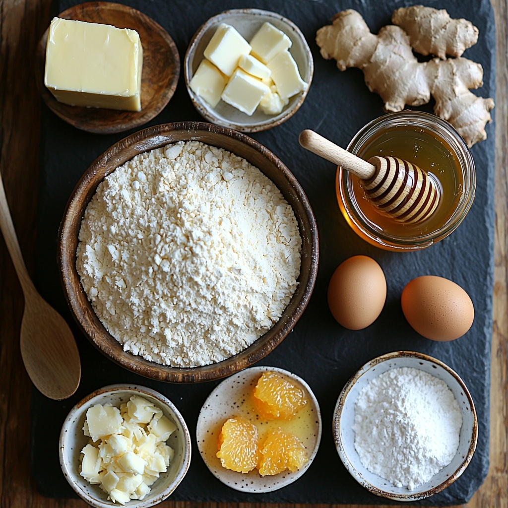 2 cups all-purpose flour in a rustic ceramic bowl, 1 cup golden honey in a small glass jar with honey dripping slightly on the rim, 1/2 cup creamy unsalted butter softened on a vintage wooden butter dish with a butter knife, 1 cup white granulated sugar in a porcelain bowl, 3 large brown eggs cracked open with one whole egg in a small bowl, 1/2 cup bright orange fresh orange juice in a clear glass measuring cup, a small heap of finely grated vibrant orange zest on a white ceramic spoon, a small mound of fresh pale yellow grated ginger with fibrous texture on a bamboo tray, 1 teaspoon white baking powder and 1/2 teaspoon pale beige baking soda side by side in little white porcelain spoons, a pinch of fine white salt scattered subtly on a dark slate serving board, all ingredients carefully spaced on a clean matte white surface with natural soft daylight illuminating the scene, shadows softly diffused, warm and inviting color palette emphasizing the fresh citrus and warm tones of honey and butter, minimalistic styling with a touch of rustic charm, subtle props like a linen napkin folded neatly nearby and a wooden spoon placed diagonally, overhead shot, top down view, flat lay photography, professional food styling --ar 1:1 --q 2 --s 750 --v 6.1