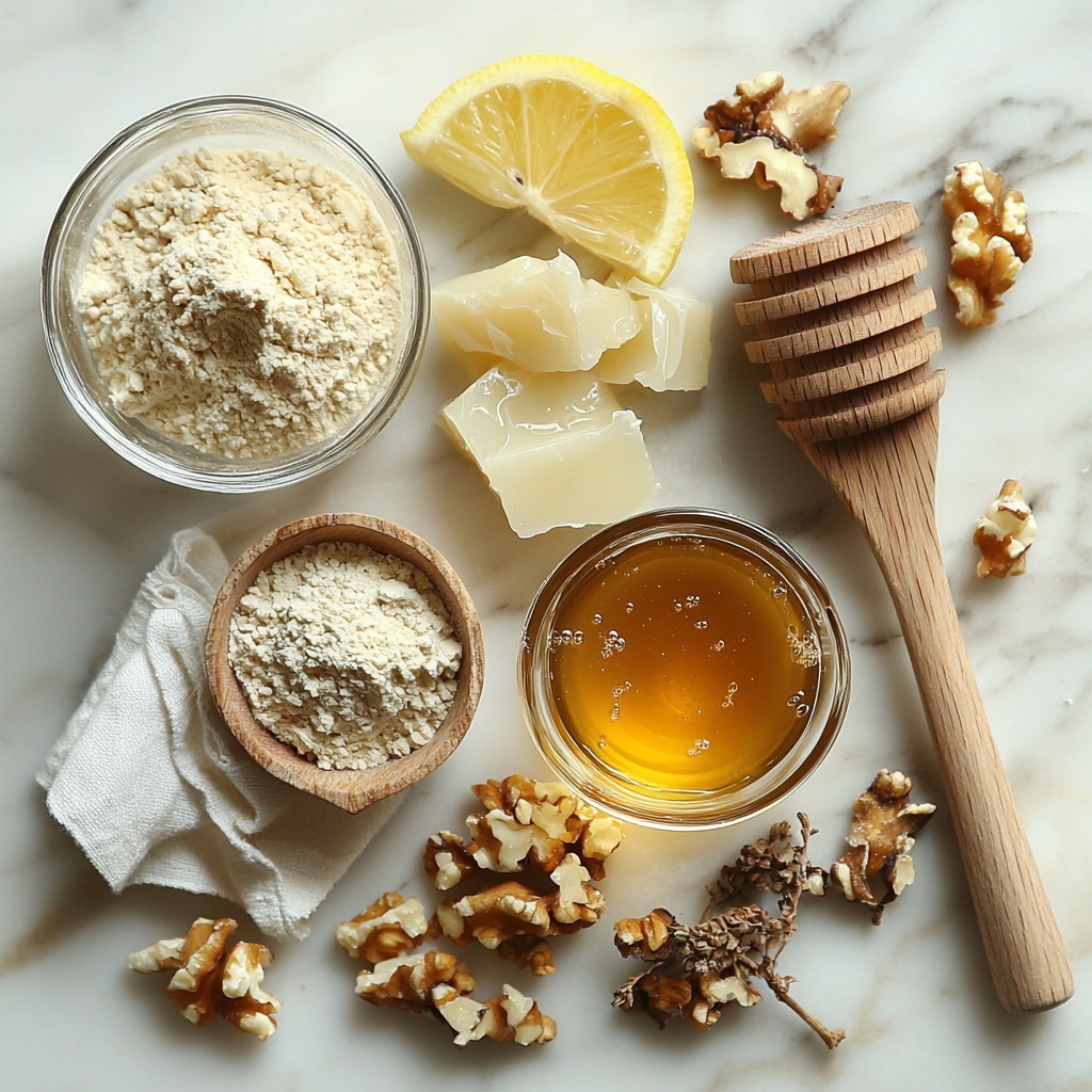 A clean white marble surface with the main ingredients carefully arranged for a flat lay shot: a glass measuring cup partially filled with steaming hot water showing gentle wisps of steam, a small clear bowl of cold water next to it with visible condensation droplets, a small wooden scoop overflowing with fine, pale beige unflavored gelatin powder, a tiny glass jar of golden honey glistening under soft light, a delicate lemon wedge and a small glass bowl with fresh apple cider vinegar both adding bright yellow and light amber hues, and a sleek metal teaspoon resting beside the honey jar. The ingredients are spaced evenly with natural soft shadows to create depth, complemented by subtle reflections on the marble surface. Styling includes a light linen napkin folded casually at the edge, a rustic wooden spoon, and soft natural daylight highlighting the textures of the gelatin powder and honey’s viscosity. The composition feels airy, fresh, and inviting with minimal props to maintain focus on colors and textures. Overhead shot, top down view, flat lay photography, professional food styling --ar 1:1 --q 2 --s 750 --v 6.1