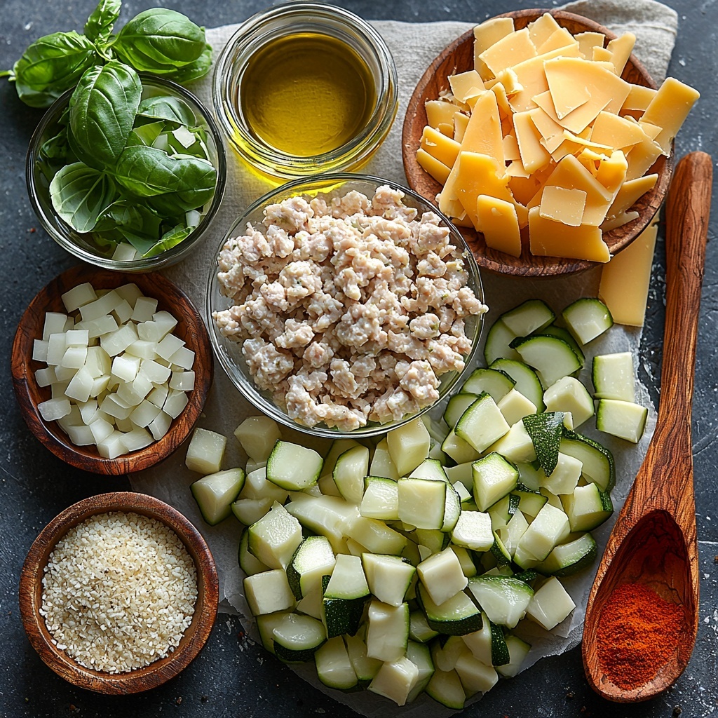 A clean, bright surface showcasing the main ingredients for a cheesy zucchini and turkey casserole arranged neatly for flat lay photography: a small pool of golden olive oil in a glass dish, a mound of raw ground turkey with a slightly textured pinkish tone, a small bowl of finely diced translucent onion, two peeled garlic cloves and a small heap of minced garlic, a pile of fresh green diced zucchini with crisp edges, a rustic bowl of cooked groats with a grainy brown texture, an opened can with vibrant red diced tomatoes spilling slightly, small wooden spoons holding dried oregano and smoked paprika powders dusted lightly around, a bunch of finely chopped fresh basil leaves with vivid emerald green color, and a neat pile of bright orange shredded aged cheddar cheese on a simple white plate. The ingredients are spaced evenly with soft, natural daylight highlighting their colors and textures, complemented by subtle shadows for depth, styled with minimal props like light linen napkins and thin wooden utensils to emphasize freshness and homeliness. Overhead shot, top down view, flat lay photography, professional food styling --ar 1:1 --q 2 --s 750 --v 6.1
