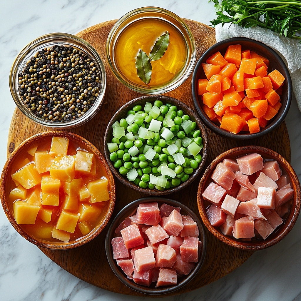 dried split peas (yellow and green) in a small rustic bowl, meaty ham bone with textured cured meat and visible marbling, diced leftover ham cubes scattered neatly on a wooden board, glass measuring cup filled with clear water, a large clear bowl of golden chicken broth, fresh dried parsley sprigs, single glossy bay leaf, three crisp celery ribs diced into small uniform pieces, two bright orange carrots diced finely, one large yellow onion diced into small cubes, small heap of coarse black pepper, dried thyme leaves arranged in a delicate pile, coarse sea salt crystals in a tiny white ceramic dish, all ingredients carefully spaced on a clean white marble surface with soft natural lighting emphasizing vibrant colors and varied textures, minimal shadows, subtle rustic accents like a wooden spoon and linen napkin nearby, overall balanced composition with warm and fresh tones, overhead shot, top down view, flat lay photography, professional food styling --ar 1:1 --q 2 --s 750 --v 6.1
