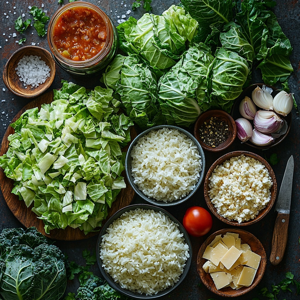 A clean, bright surface displaying a flat lay arrangement of main ingredients for Crockpot Cabbage Roll Casserole: a large pile of chopped green cabbage leaves with crisp texture, a mound of raw white uncooked rice grains in a small bowl, fresh chopped onion pieces with translucent white and purple hues, two cloves of minced garlic cloves showing their creamy white texture, a raw portion of ground beef or turkey with a rich pinkish-red color sitting on a small plate, an open can showing bright red crushed tomatoes with chunky texture, a second open can with smooth deep red tomato sauce, a small bowl of dark brown Worcestershire sauce, little heaps of dried oregano and dried basil herbs with their fine leafy textures in muted green tones, a pinch of coarse salt and scattered black peppercorns beside them, and a small bowl of shredded pale yellow cheese. The ingredients are neatly spaced with rustic wooden utensils, a sharp kitchen knife placed diagonally, and soft natural light casting gentle shadows. The vibrant colors and varied textures of fresh and canned elements create visual interest and balance. overhead shot, top down view, flat lay photography, professional food styling --ar 1:1 --q 2 --s 750 --v 6.1