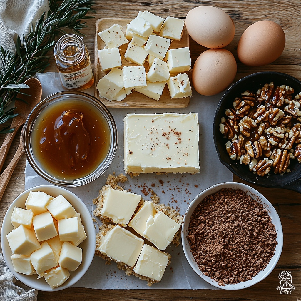 /Imagine prompt: A clean, light wooden surface with all the main ingredients for caramel apple cheesecake bars arranged neatly in an aesthetically pleasing flat lay. Small white bowls hold golden graham cracker crumbs mixed with a hint of cinnamon, and granulated sugar sparkling under soft light. A quarter cup of smooth, light brown cinnamon powder is carefully placed next to a square of melted unsalted butter with a glossy sheen in a glass ramekin. A block of creamy, softened cream cheese with a subtle off-white color sits near two large brown eggs with clean shells. A small glass bottle of vanilla extract with a deep amber tint adds warmth to the composition. Two peeled, cored, and diced apples show off their rosy pink and pale yellow cubes, arranged beside a small skillet containing glossy caramelized apples coated with melted butter and sprinkle of golden brown sugar and cinnamon dust. A small bowl of thick, rich caramel sauce glistens invitingly, accompanied by a scattering of chopped walnuts or pecans with warm, textured browns providing rustic contrast. The ingredients are spaced with ample negative space on a white parchment paper square beneath some items, highlighting their natural colors and textures. Soft natural light casts gentle shadows, enhancing the creamy, crunchy, and silky textures, with a minimalist yet cozy styling vibe, styled with a light linen napkin and a wooden spoon placed casually nearby. Overhead shot, top down view, flat lay photography, professional food styling --ar 1:1 --q 2 --s 750 --v 6.1