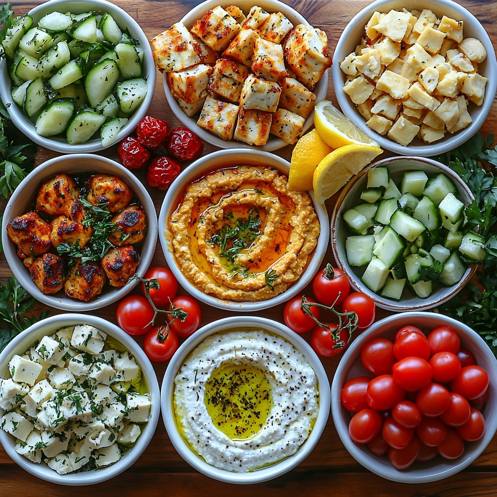 A vibrant flat lay of Mediterranean mezze ingredients arranged artfully on a clean, light wooden surface. Four small bowls evenly spaced, filled with creamy classic hummus, smoky baba ganoush, cool tzatziki sauce, and bright red muhammara, each drizzled with golden olive oil and garnished with fresh green parsley and dill. Nearby, cubed and whipped feta cheese in soft white tones, alongside golden-brown grilled halloumi slices with char marks, placed on simple white ceramic dishes. Clusters of glossy red cherry tomatoes, crisp pale green cucumber slices, and roasted red pepper strips with a slightly wrinkled texture. Glossy marinated artichoke hearts nestled in a small bowl, glistening under soft light. Hearty grilled chicken skewers and kofta-style meatballs with a warm char, arranged neatly beside golden falafel balls and plump stuffed grape leaves wrapped in dark green leaves. Warm pita bread triangles with a fluffy texture, pita chips, and thin lavash crackers fill in the spaces, creating an inviting spread. Lemon wedges with bright yellow peel and juicy flesh scattered for pops of color. A final drizzle of olive oil adds a subtle sheen to the composition. The overall palette is a harmonious mix of creamy whites, vibrant reds, warm browns, fresh greens, and sunny yellows, with contrasting textures from creamy dips to grilled and fresh vegetables. The scene is styled minimally but thoughtfully, emphasizing natural light, clean lines, and an inviting, abundant feel. Overhead shot, top down view, flat lay photography, professional food styling --ar 1:1 --q 2 --s 750 --v 6.1