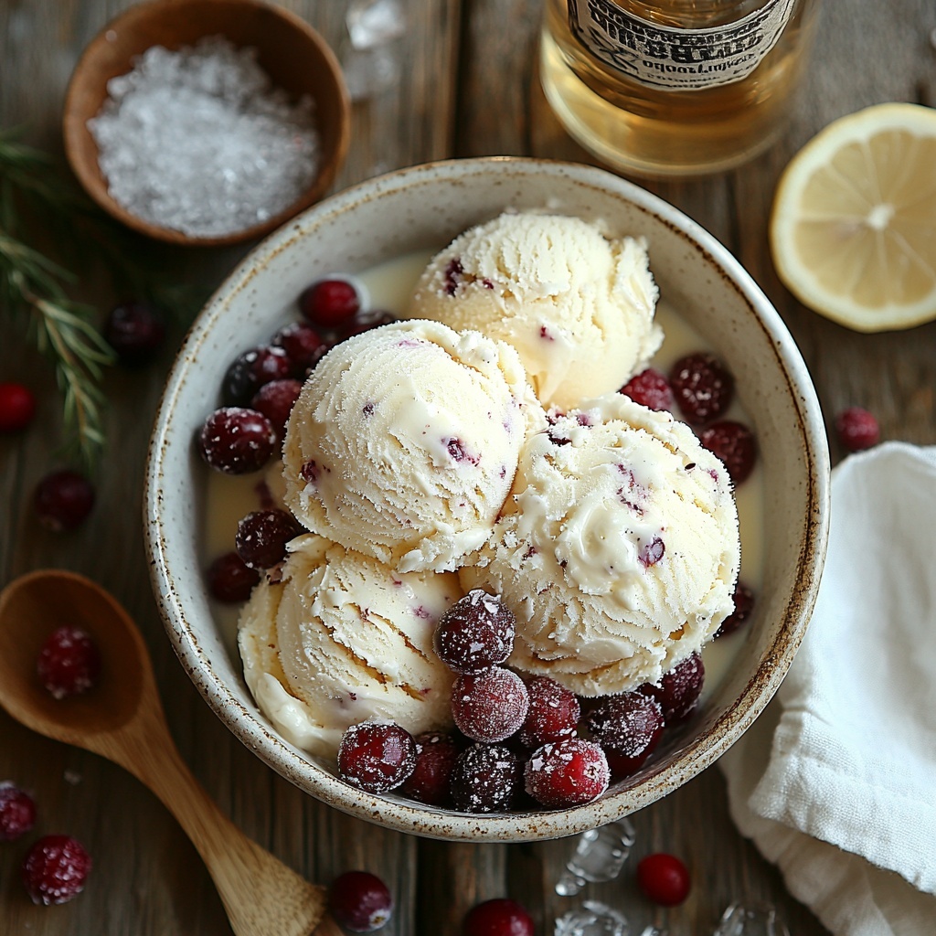vanilla ice cream scoops slightly softened in a white ceramic bowl, a glass measuring cup filled with creamy milk beside it, a chilled clear glass bottle or glass of sparkling lemon-lime soda with condensation, a small rustic white dish with fresh bright red cranberries, some cranberries rolled in sparkling coarse sugar scattered artistically around, a small wooden spoon with coarse sparkling sugar crystals, a sleek shot glass with clear rum or vodka, all arranged neatly on a clean matte white surface with soft natural light highlighting the creamy, frosty textures, vibrant reds, and sparkling sugars, minimal shadows, subtle reflections from glass, styled with a few ice cubes and delicate white linen napkin folded gently at the edge, emphasizing freshness and holiday cheer, overhead shot, top down view, flat lay photography, professional food styling --ar 1:1 --q 2 --s 750 --v 6.1