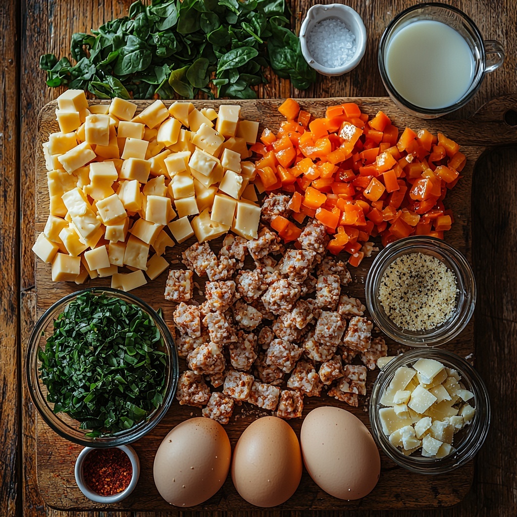 breakfast sausage crumbles in a rustic small bowl, six large brown-speckled eggs arranged neatly in a carton, a glass cup filled with creamy white milk, a small heap of bright orange shredded cheddar cheese on a wooden board, golden-brown bread cubes stacked loosely nearby, a tiny white dish with coarse salt, a small black bowl with cracked black pepper, a minimalist white spoon holding pale garlic powder, a delicate sprinkle of smoky reddish paprika on a white ceramic plate, vibrant diced bell peppers in red, yellow, and green piled in a small glass bowl, fresh deep green chopped spinach leaves arranged in a neat pile, finely diced translucent onions on a small white saucer, all set on a clean light wooden surface with natural soft lighting casting gentle shadows, styled with a few sprigs of fresh herbs for accent, minimalist props like linen napkins and simple cutlery in the background, warm and inviting color palette, overhead shot, top down view, flat lay photography, professional food styling --ar 1:1 --q 2 --s 750 --v 6.1