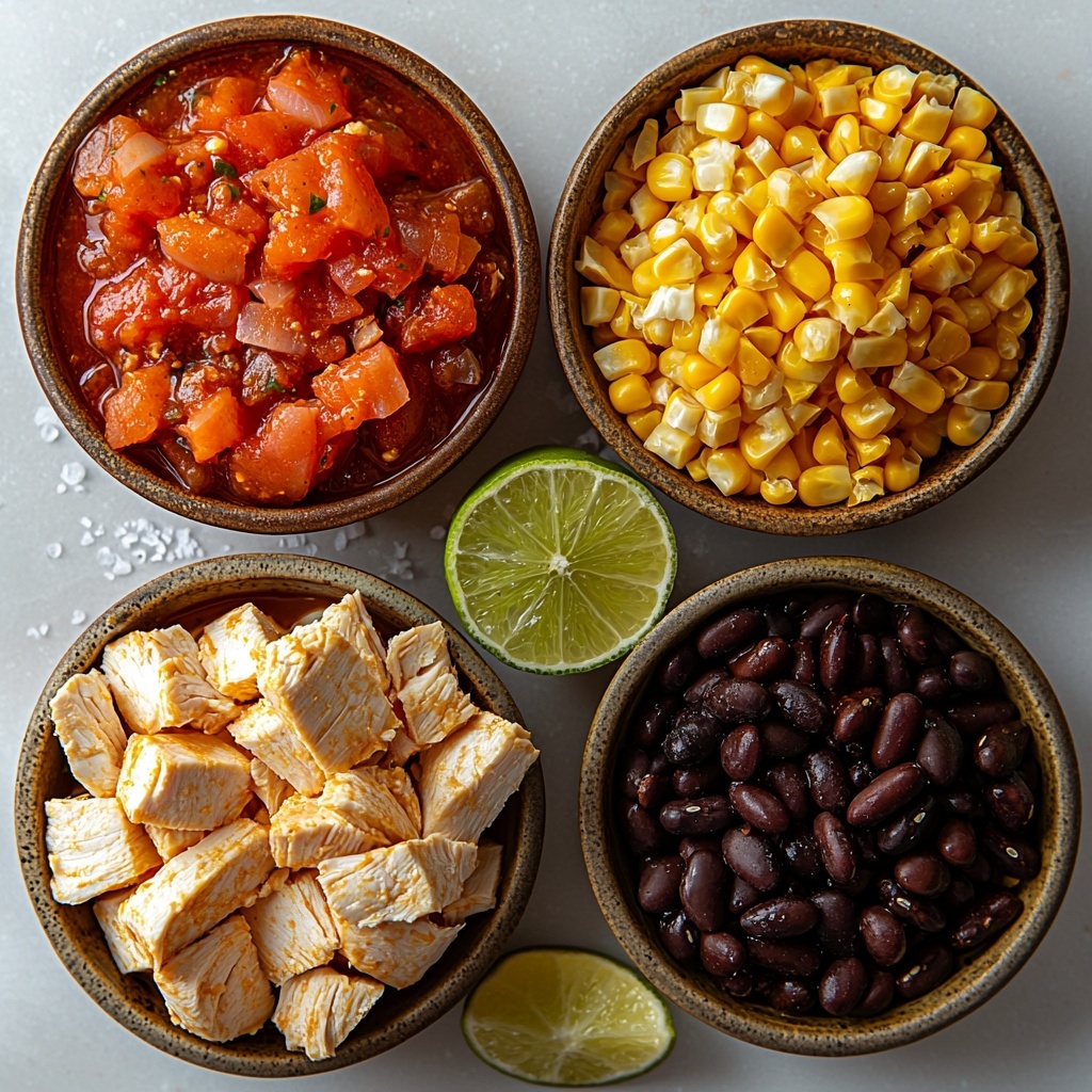 A vibrant flat lay of ingredients for Chicken Enchilada Chili artfully arranged on a clean white surface: a small glass bowl of golden olive oil shimmering under soft light; a neat pile of finely diced white onion with translucent edges; tender bite-sized raw chicken breast pieces, pale pink and plump; rustic small bowls containing bright red enchilada sauce and rich green enchilada sauce, their smooth textures glossy; a can of Rotel diced tomatoes with vivid red tomatoes and green chilies visible; dried black beans spilling gently from an open can, matte and deep black; a heap of bright yellow fire-roasted corn kernels with slight charred spots; a small pile of warm orange and white shredded Mexican cheese blend with soft curls; a dollop of creamy white sour cream in a small bowl with a silky surface; a fresh lime cut in half showing juicy bright green flesh; golden crispy corn tortilla strips stacked casually with rough edges; small piles of coarse cumin powder and cracked black peppercorns; a pinch of kosher salt crystals scattered lightly. Textures range from smooth sauces to rough tortilla strips and tender raw chicken, all arranged in a balanced, visually appealing composition with ample negative space. Warm, natural lighting enhances the rich colors and fresh ingredients, styled with minimal, rustic props to elevate the vibrant, comforting vibe. overhead shot, top down view, flat lay photography, professional food styling --ar 1:1 --q 2 --s 750 --v 6.1