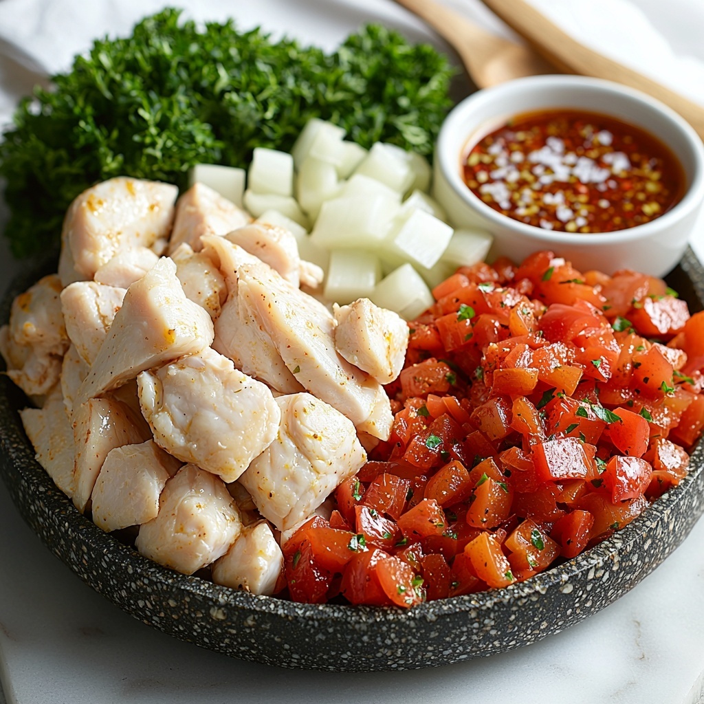 4 boneless skinless chicken breasts raw, plump and pale pink; small glass bowl of golden olive oil with smooth reflective surface; finely chopped white onion in a neat small pile with delicate layered texture; minced garlic cloves clustered showing tiny creamy white pieces; bright red chopped bell pepper chunks with glossy, fresh skin; small rustic bowl of deep red peri peri sauce, thick and vibrant; white ceramic cup filled with smooth heavy cream; scattered paprika powder with rich rusty red color; coarse crystals of salt and black peppercorns; fresh bright green chopped parsley leaves loosely arranged; all ingredients carefully spaced on a clean white marble surface with subtle veins; natural soft daylight from side casting gentle shadows; minimalistic and elegant styling with light wood utensils and a linen napkin partially visible; color contrast emphasizing the freshness and vibrancy of each element, textures vivid and inviting; overhead shot, top down view, flat lay photography, professional food styling --ar 1:1 --q 2 --s 750 --v 6.1