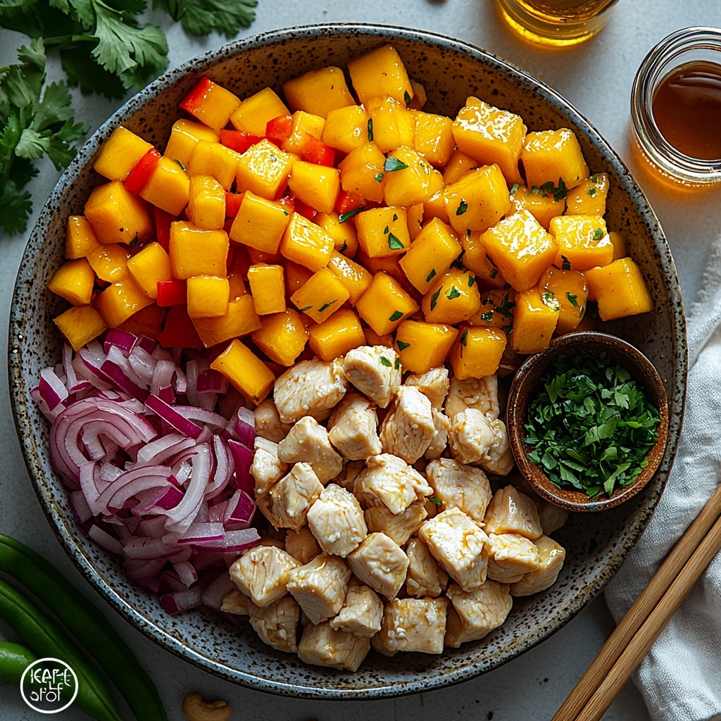 vibrant flat lay of fresh ingredients for mango chicken stir fry arranged neatly on a clean white surface: diced boneless skinless chicken breast in a small rustic bowl, glossy red bell pepper slices fanned out, bright green snap peas scattered loosely, diced ripe mango cubes glistening with juice, finely diced red onion in a small heap, whole garlic cloves and minced garlic spread artfully, a small bowl with smooth light brown cashew butter, a small dish of amber honey, a tiny mound of freshly grated ginger with fibrous texture, red pepper flakes sprinkled delicately on white ceramic spoon, raw cashews and fresh cilantro sprigs placed as garnish accents, two tablespoons gluten-free soy sauce in a small glass bowl with shiny dark liquid, tablespoon of warm water in a clear glass measuring cup, teaspoon-sized heap of white tapioca or arrowroot flour on a contrasting small plate, bottles of coconut oil and olive oil casually placed nearby with golden hues, soft natural lighting highlighting vibrant colors and fresh textures, minimalistic and balanced composition with negative space, rustic wooden chopsticks and a linen napkin subtly included, overhead shot, top down view, flat lay photography, professional food styling --ar 1:1 --q 2 --s 750 --v 6.1