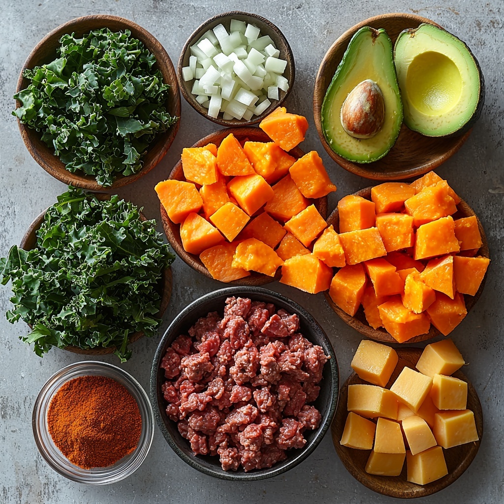 A clean white surface with neatly arranged ingredients for a Southwest Ground Beef Sweet Potato Skillet: a small mound of lean ground beef raw and rich red brown, finely diced white onion pieces in a small clear bowl, a tablespoon of golden olive oil in a small glass dish, vibrant orange sweet potato cubes peeled and evenly cut into ½-inch pieces scattered with some grouped together, two cloves of fresh garlic minced finely on a small wooden board, small piles of warm-toned chili powder, cumin, kosher salt crystals, garlic powder, and red pepper flakes each in tiny ceramic spoons, a handful of bright green shredded kale loosely piled, a small bowl of sharp yellow-orange shredded cheddar cheese, fresh chopped cilantro with vivid green leaves fanned out, and a ripe avocado sliced with creamy pale green flesh and smooth texture neatly fanned beside the cilantro. Natural light highlights the varied textures from smooth avocado to rough sweet potato cubes and fluffy kale, styled with rustic ceramic bowls and wooden spoons, subtle shadows add depth, with a crisp and clean minimalist arrangement emphasizing earthy, warm colors and fresh ingredients. overhead shot, top down view, flat lay photography, professional food styling --ar 1:1 --q 2 --s 750 --v 6.1