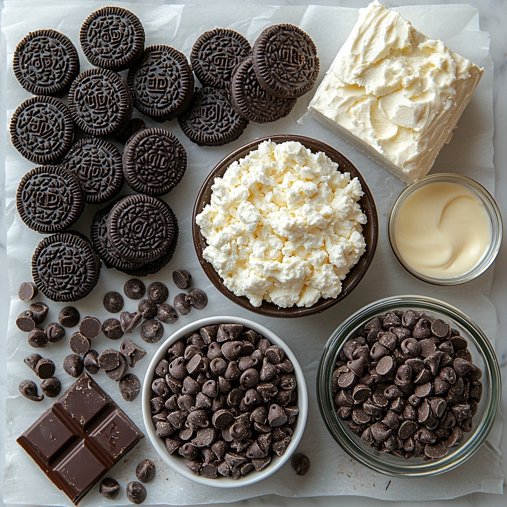 Oreo cookie package with individual black-and-white Oreo cookies scattered around, a small bowl filled with finely crushed Oreo crumbs showing dark chocolate cookie texture with white cream flecks; an 8 oz block of softened cream cheese with smooth, creamy off-white surface, partially unwrapped on parchment paper; a small glass bowl of glossy semi-sweet chocolate chips, rich dark brown, next to a smaller dish containing melted chocolate, shiny and smooth; a small bowl of white coconut oil with a silky texture; scattered crushed Oreo crumbs in a small dish for garnish; white parchment paper background with minimalistic props like a silver spoon and a wooden rolling pin; natural soft lighting highlighting the contrast between the dark Oreos and creamy cheese, shadows adding depth; composition balanced with ingredients spaced evenly to draw the eye across the frame, clean and bright aesthetic, rustic yet elegant vibe, textures emphasized to show crunchiness, creaminess, and glossiness of chocolate — overhead shot, top down view, flat lay photography, professional food styling --ar 1:1 --q 2 --s 750 --v 6.1