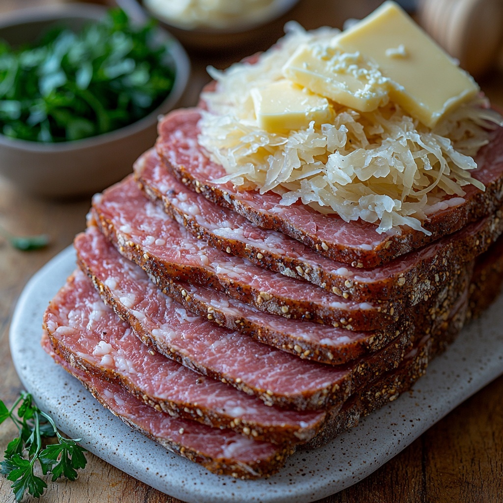 Rye bread slices with visible caraway seeds, stacked slightly apart to show their crusty texture; thinly layered corned beef in rich reddish-pink tones, slightly folded to reveal marbling; smooth slices of pale yellow Swiss cheese with characteristic holes fanned out neatly; a small bowl of finely shredded, slightly glossy sauerkraut with hints of white and pale yellow; a small dollop of creamy, orange speckled Russian or Thousand Island dressing on a rustic white plate; two tablespoons of golden melted butter in a small clear glass dish reflecting light; all ingredients arranged thoughtfully on a clean, light wooden surface with natural daylight casting soft shadows, minimalistic styling with a hint of rustic charm — fresh parsley sprigs and a vintage butter knife placed delicately nearby for context, overhead shot, top down view, flat lay photography, professional food styling --ar 1:1 --q 2 --s 750 --v 6.1