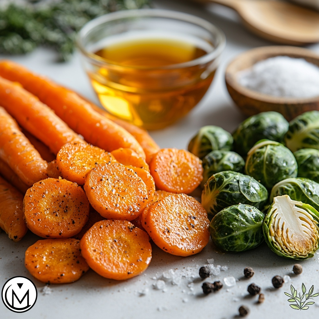 Maple Glazed Carrots and Brussels Sprouts ingredients arranged on a clean white matte surface: bright orange peeled and sliced carrot rounds neatly fanned out in one cluster, vibrant green halved Brussels sprouts with crisp leafy texture grouped beside them, a small clear glass bowl filled with rich amber maple syrup showing smooth glossy surface, a small ceramic dish holding golden olive oil with light reflections, small piles of coarse salt and freshly ground black pepper scattered artistically nearby. Natural soft daylight casting gentle shadows, minimalistic rustic styling with a hint of fresh herbs for color contrast, subtle wooden spoon and linen napkin nearby for warmth. Focus on vivid colors and textures with crisp sharpness, negative space around ingredients for a balanced composition. overhead shot, top down view, flat lay photography, professional food styling --ar 1:1 --q 2 --s 750 --v 6.1