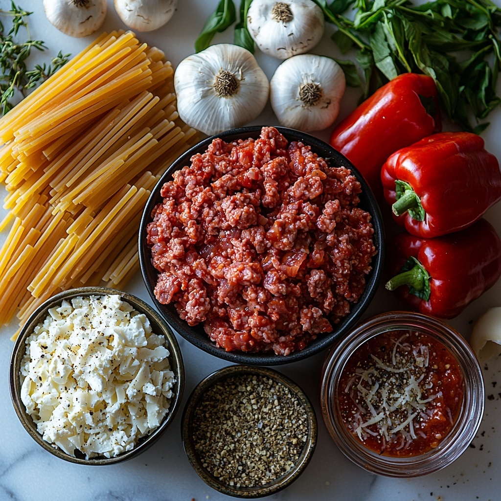 A clean white surface neatly arranged with the main ingredients for a hearty Crockpot Pizza Casserole: a mound of raw ground beef or Italian sausage with rich reddish-pink tones and marbled texture; a small, finely chopped onion showing off its translucent white layers; two cloves of minced garlic with a creamy off-white color; an open jar of vibrant red pizza sauce with a glossy, thick texture; two cups of uncooked pasta—rotini and penne—in warm beige and golden hues, spread in an inviting pile; a small bowl filled with bright red pepperoni slices, their edges slightly curled and glistening with oil; a chopped green bell pepper, vivid and fresh with crisp edges; a pile of thinly sliced, earthy brown mushrooms with delicate gill details visible; a generous heap of shredded mozzarella cheese, soft and snowy white with a fluffy texture; a small dish of Italian seasoning, a mix of dried green herbs; and a sprinkle of coarse salt and cracked black peppercorns scattered artistically nearby. The ingredients are spaced evenly with a balanced composition, enhanced by natural soft lighting that highlights the freshness and textures, with subtle shadows adding depth. The scene feels warm and inviting, styled for professional food photography with minimal props, clean lines, and an emphasis on color contrast and texture. Overhead shot, top down view, flat lay photography, professional food styling --ar 1:1 --q 2 --s 750 --v 6.1