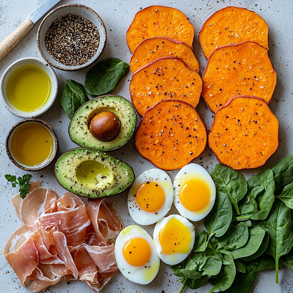 A clean white surface with all main ingredients for sweet potato toast neatly arranged: vibrant orange sweet potato slices laid out in a fan shape showing their smooth, slightly glossy texture; a halved avocado with creamy green flesh beside a small bowl of smashed avocado highlighting its buttery texture; fresh bright green baby spinach leaves scattered organically, some overlapping; thin, delicate, translucent slices of rosy pink prosciutto slightly curled to show their silky, marbled fat; four perfectly poached eggs with soft white, smooth surfaces and visible runny centers in a small white ramekin; a small dish of golden avocado oil with a subtle sheen; a sprig of fresh parsley with deep green, textured leaves for garnish; coarse salt crystals and freshly ground black pepper scattered minimally for texture contrast. Soft natural lighting casting gentle shadows enhances the rich colors and varied textures, styled with minimal rustic props like a wooden-handled knife and linen napkin positioned casually nearby. Overhead shot, top down view, flat lay photography, professional food styling --ar 1:1 --q 2 --s 750 --v 6.1
