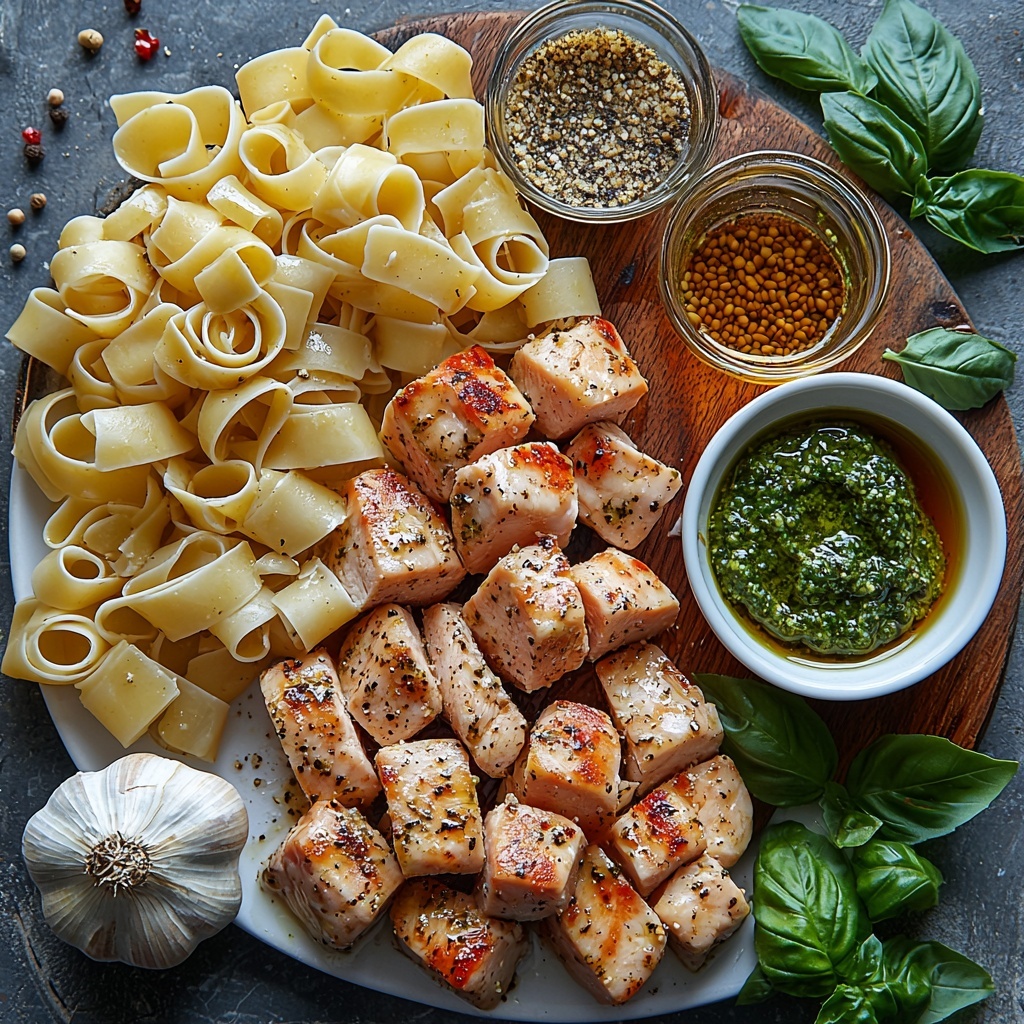 boneless skinless chicken breasts cut into bite-sized pieces arranged neatly on a white ceramic plate, fresh garlic cloves whole and minced scattered in a small clear glass bowl, uncooked fettuccine pasta coiled in loose nests on a rustic wooden board, a small white ramekin filled with heavy cream showing its smooth, glossy texture, a small bowl of vibrant green pesto sauce with visible pine nuts and basil leaves, freshly grated Parmesan cheese piled on a small wooden dish with fine, fluffy texture, a small glass container of golden olive oil glistening under soft light, a tiny dish of low-sodium soy sauce with dark rich color, all ingredients spread out on a clean matte white surface with natural light casting soft shadows, a few basil leaves and cracked black peppercorns scattered artfully to add contrast and freshness, overhead shot, top down view, flat lay photography, professional food styling --ar 1:1 --q 2 --s 750 --v 6.1
