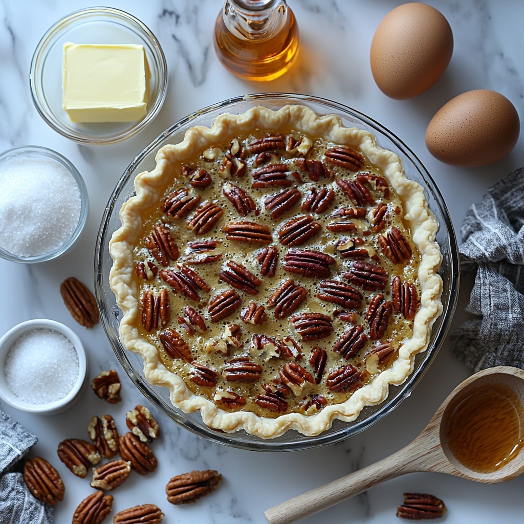 A clean white marble surface with a neatly arranged flat lay of ingredients for Kentucky Pecan Pie: a 9-inch unbaked pie shell in a glass pie dish, a small clear bowl of light golden corn syrup, a rustic wooden spoon resting next to a small glass bowl filled with light brown sugar crystals, a slab of pale yellow unsalted butter on a white ceramic plate, a tiny white ramekin with cold water, a small heap of fine white corn starch powder on parchment paper, a white porcelain spoon holding fine sea salt, a small amber glass bottle of vanilla extract with a cork top, three large brown eggs with smooth shells clustered beside an empty clear glass mixing bowl, a pile of glossy whole pecans showing deep brown ridged textures, and a separate small wooden bowl filled with chopped pecan pieces showing crunchy texture, all spread evenly with subtle natural light casting soft shadows enhancing warm golden and earthy tones, styled with a linen napkin slightly folded on the side, minimalistic aesthetic, clean and bright atmosphere, overhead shot, top down view, flat lay photography, professional food styling --ar 1:1 --q 2 --s 750 --v 6.1