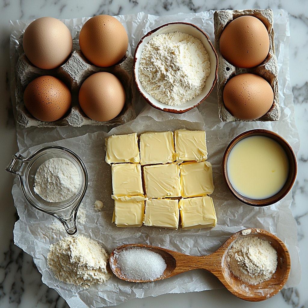 Half cup unsalted butter cut into eight pieces, half cup water in a clear glass measuring cup, half cup whole milk in a small white ceramic pitcher, small dish with 1/4 teaspoon salt, tiny bowl of two teaspoons granulated sugar, one cup all-purpose flour heaped softly on parchment paper, four large brown eggs arranged in a neat line, small bowl with beaten eggs showing smooth yellow texture, vintage wooden spoon resting beside ingredients, clean white marble surface as background, natural soft daylight casting gentle shadows, minimal rustic styling with a touch of kitchen linen napkin lightly folded nearby, fresh and inviting color palette emphasizing creamy whites, warm yellows, and soft browns -- overhead shot, top down view, flat lay photography, professional food styling --ar 1:1 --q 2 --s 750 --v 6.1
