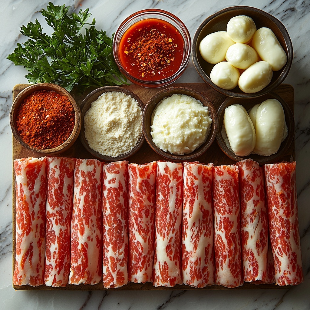 Beef bacon slices arranged in a neat fan shape, showing their reddish-brown, marbled texture; frozen mozzarella sticks lined up in a row, smooth and pale white with a slight frost; small bowls containing bright red and orange Nashville hot spice mix blending cayenne pepper, paprika, garlic powder, and brown sugar, with a slightly coarse texture; a bowl of fine white flour with soft powdery texture; a bowl of glossy beaten eggs with a rich golden-yellow hue; a bowl of golden breadcrumbs mixed with the vibrant spicy seasoning, grainy and crunchy; a small glass dish of deep red hot sauce with a shiny surface; all ingredients spaced evenly on a clean white marble surface to enhance contrast and freshness, styled with minimal rustic props like a wooden spoon and a sprig of fresh parsley as subtle greenery; soft natural light casting gentle shadows to accentuate textures and colors, overhead shot, top down view, flat lay photography, professional food styling --ar 1:1 --q 2 --s 750 --v 6.1