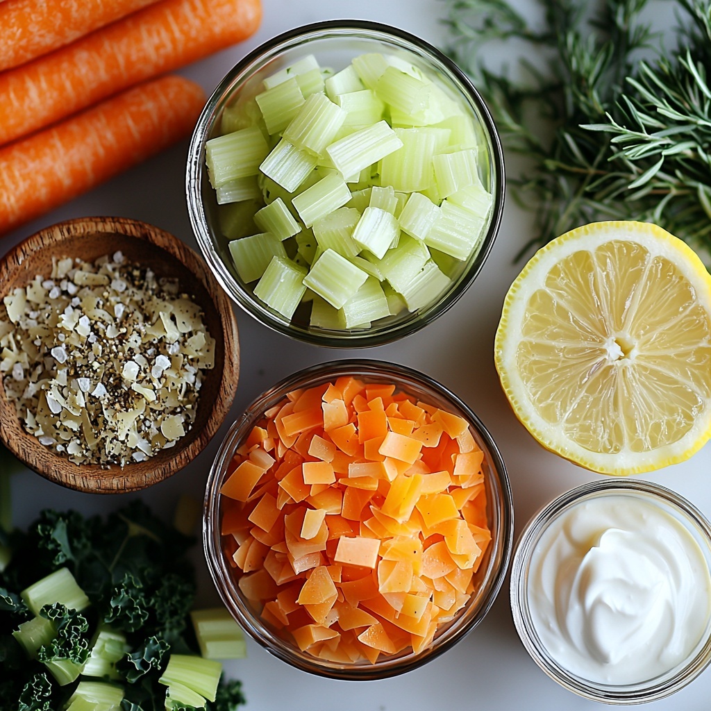 olive oil in a small glass bowl, diced medium onion with white and purple layers visible, peeled and diced bright orange carrots, fresh diced celery ribs showing pale green hues, finely minced garlic cloves scattered on a wooden spoon, small heap of coarse kosher salt crystals sparkling, fresh thyme leaves loosely arranged with tiny green sprigs, two dried bay leaves with muted olive tones, uncooked orzo pasta piled neatly showing small rice-shaped grains, a rustic bowl of low sodium chicken stock with golden translucence, shredded rotisserie chicken pieces with juicy white and brown textures, vibrant dark green baby kale leaves fanned out, a whole lemon halved revealing bright yellow juicy flesh with some lemon juice droplets beside it, a small ramekin of creamy white heavy whipping cream with smooth texture, finely chopped fresh dill scattered artistically with feathery green fronds—all ingredients arranged thoughtfully on a clean white surface with subtle natural light casting soft shadows, styled with minimal rustic props like a wooden spoon and linen napkin to enhance colors and textures, highlighting freshness and homemade warmth, overhead shot, top down view, flat lay photography, professional food styling --ar 1:1 --q 2 --s 750 --v 6.1