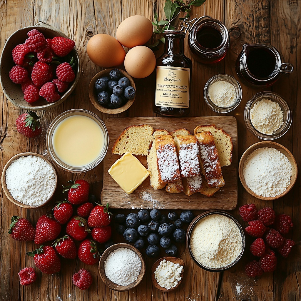red velvet strawberry cheesecake ingredients arranged on a clean white marble surface, neat flat lay composition: a small bowl with all-purpose flour, another with unsweetened cocoa powder, measuring spoons holding baking soda and salt, a vintage glass bottle of buttermilk, a small bowl with white vinegar, a small glass jar with vibrant red food coloring gel, a clear glass bottle of vanilla extract, a soft pat of unsalted butter on a white ceramic dish, granulated sugar in a small wooden bowl, a single large brown egg beside a cracked eggshell, two packages of cream cheese wrapped in creamy white paper with smooth texture, another bowl of granulated sugar, two large brown eggs, small bowl of sour cream with velvety texture, fresh strawberries sliced and whole, bright red with green leaves, a small bowl with lemon juice, cornstarch slurry in a tiny glass bowl with water, all ingredients spaced evenly with natural daylight casting soft shadows, colors vivid and inviting, textures from powdery to creamy and juicy emphasized, minimal rustic props like a wooden spoon and linen napkin nearby, clean and airy aesthetic, overhead shot, top down view, flat lay photography, professional food styling --ar 1:1 --q 2 --s 750 --v 6.1