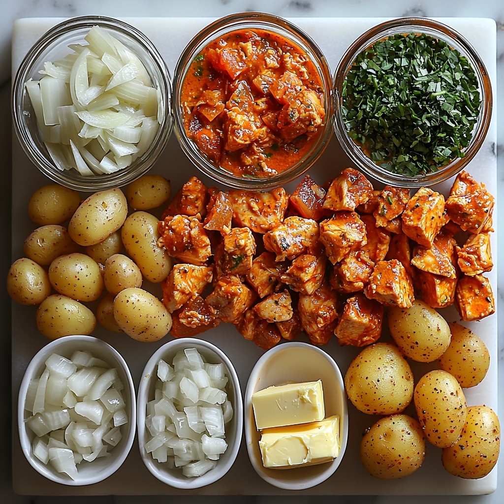 A beautifully styled flat lay of slow cooker chicken curry ingredients arranged on a clean white marble surface. On the left, a small glass bowl of golden oil glistens next to finely chopped white onions and a heap of minced pale yellow garlic. Nearby, a cluster of baby potatoes, halved to reveal their creamy interiors, sits beside diced, tender pinkish chicken thighs. Whole warm brown bay leaves, glossy dark brown cloves, and scattered black peppercorns add rustic texture. A vibrant green finely chopped chili pepper contrasts with bright orange turmeric powder, deep red chili powder, and earthy brown coriander and garam masala powders arranged in neat piles on small white spoons. A smooth swirl of rich red tomato puree and a translucent half cup of water rest close by, with a pat of golden butter providing a soft accent. Fresh bright green chopped coriander leaves are delicately scattered around for a fresh pop of color. The composition is balanced and airy, emphasizing natural colors and textures with soft natural lighting, shadows gently framing each ingredient. The overall look is clean, inviting, and artfully organized for a professional food shoot. overhead shot, top down view, flat lay photography, professional food styling --ar 1:1 --q 2 --s 750 --v 6.1